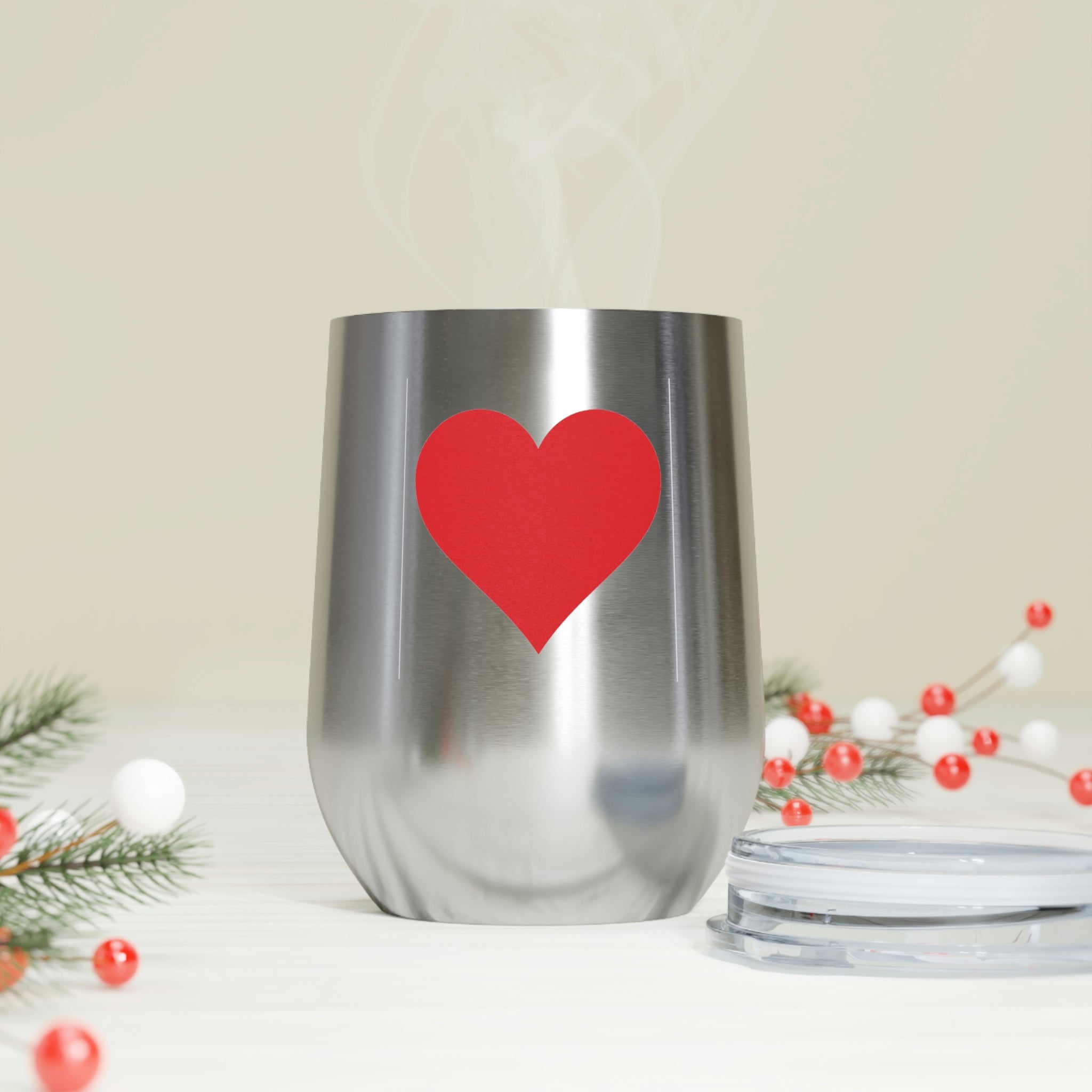 Hearts Wine Tumbler in stainless steel with a clear plastic lid, showcasing a stylish design perfect for hot and cold beverages.