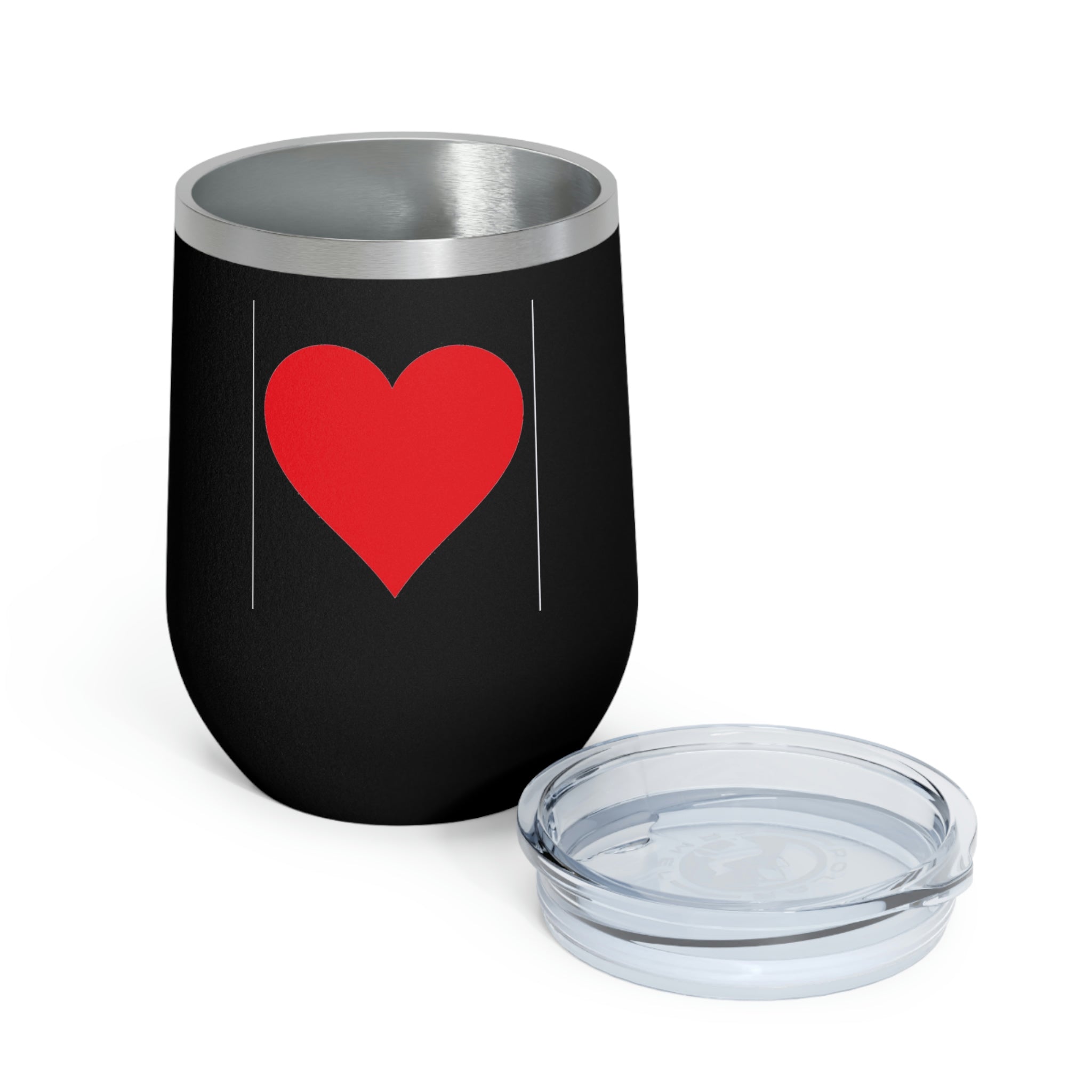 Hearts Wine Tumbler in stainless steel with a clear plastic lid, showcasing a stylish design perfect for hot and cold beverages.