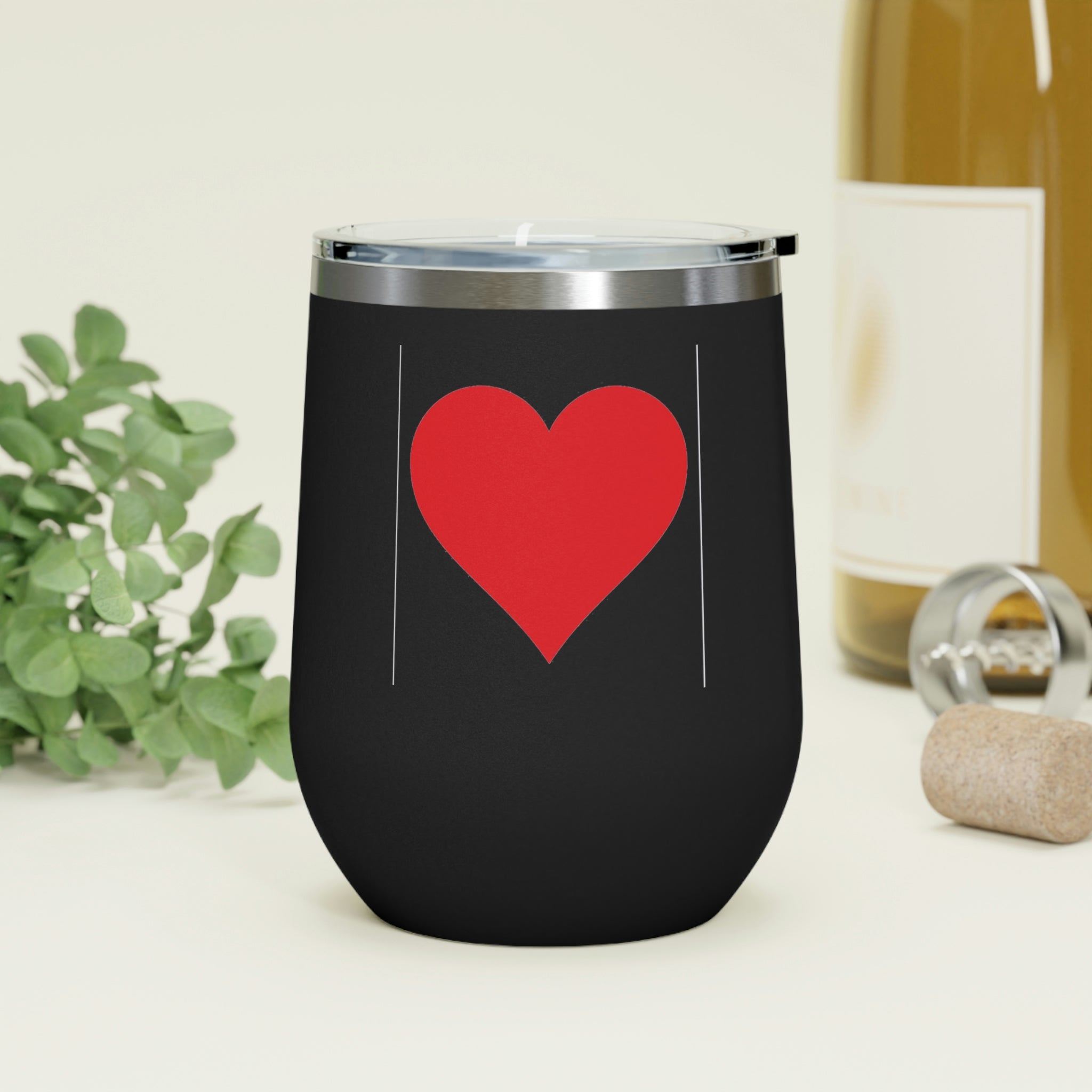 Hearts Wine Tumbler in stainless steel with a clear plastic lid, showcasing a stylish design perfect for hot and cold beverages.