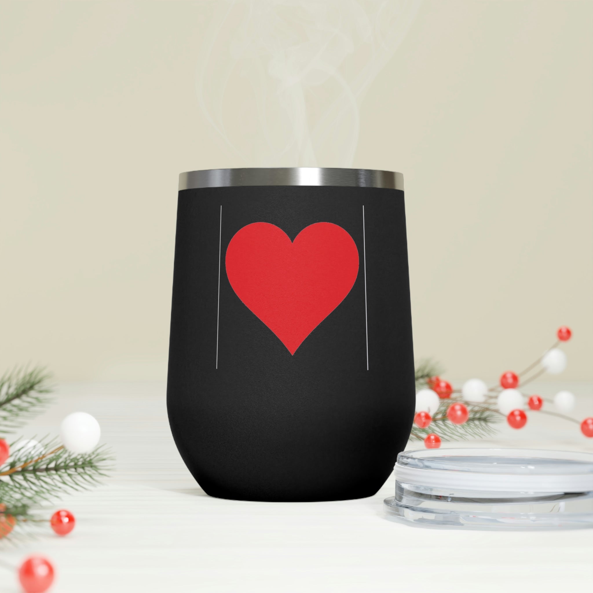 Hearts Wine Tumbler in stainless steel with a clear plastic lid, showcasing a stylish design perfect for hot and cold beverages.