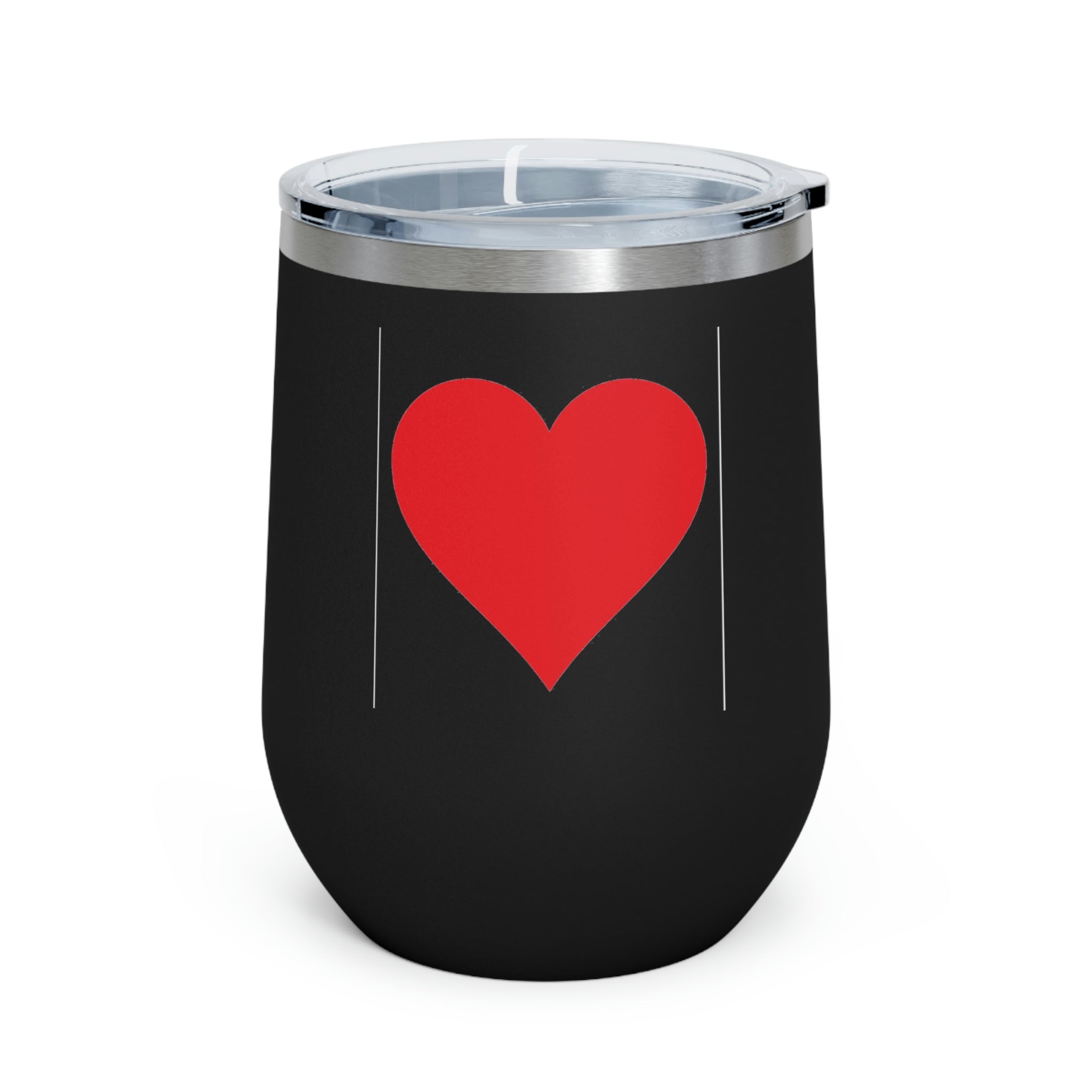 Hearts Wine Tumbler in stainless steel with a clear plastic lid, showcasing a stylish design perfect for hot and cold beverages.