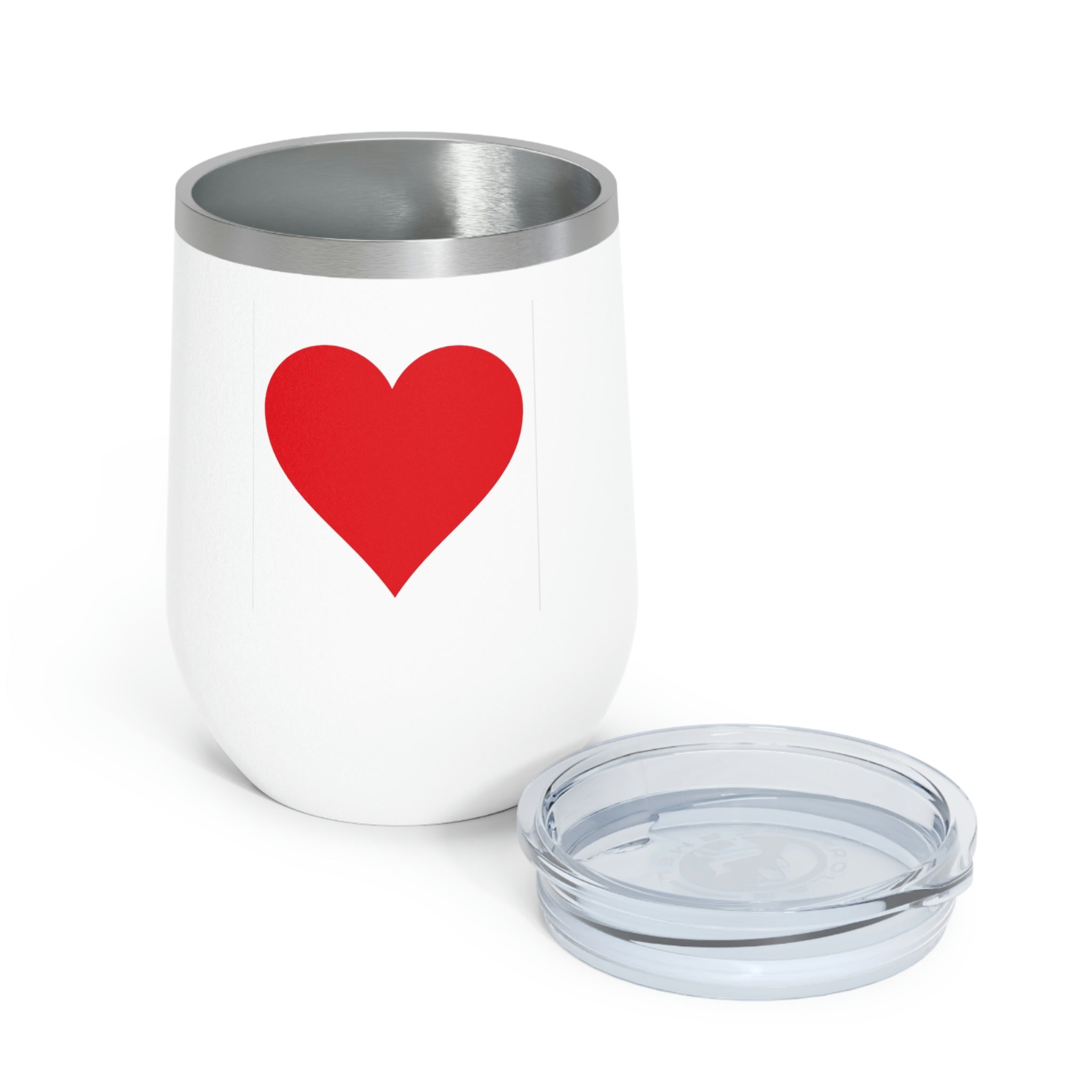 Hearts Wine Tumbler in stainless steel with a clear plastic lid, showcasing a stylish design perfect for hot and cold beverages.