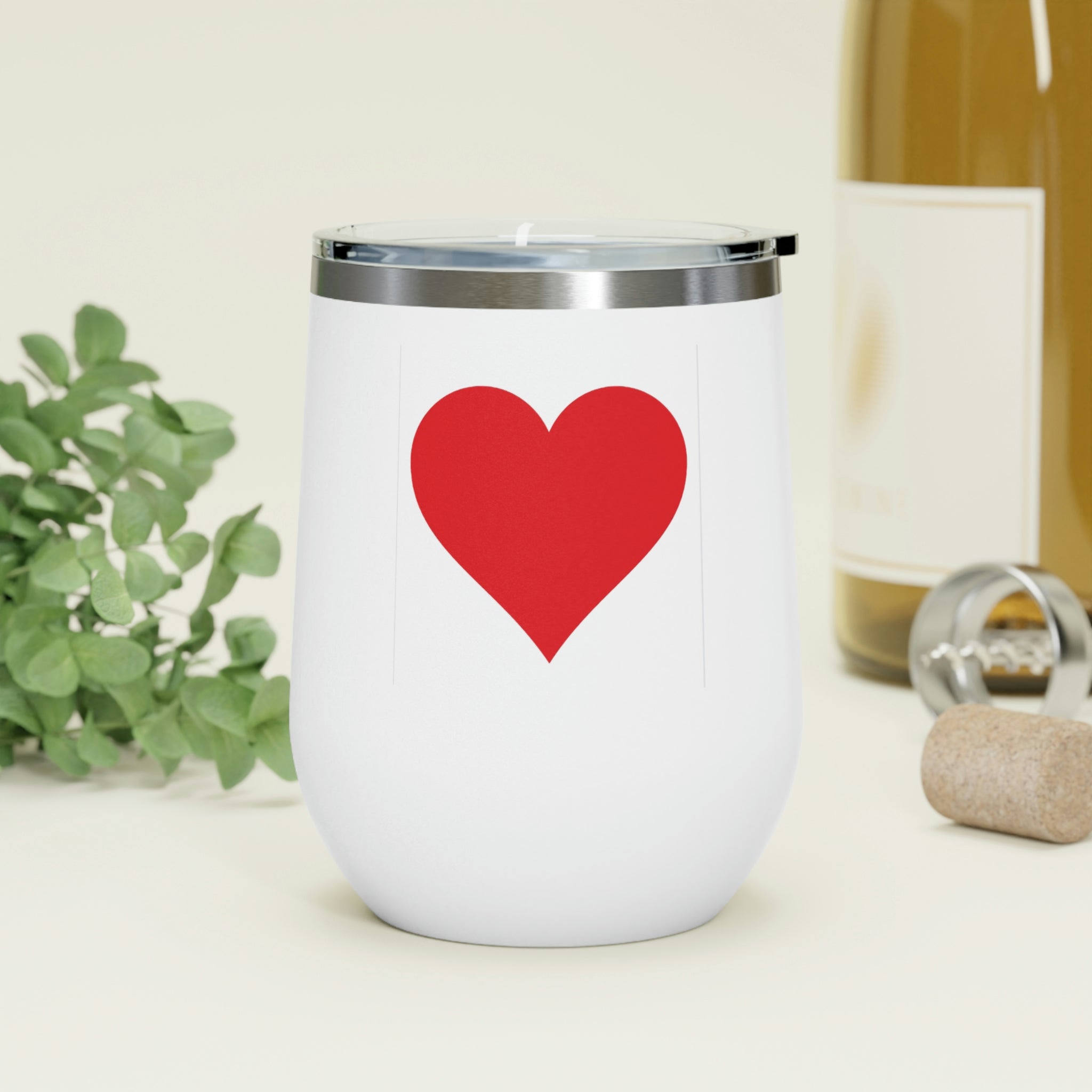 Hearts Wine Tumbler in stainless steel with a clear plastic lid, showcasing a stylish design perfect for hot and cold beverages.