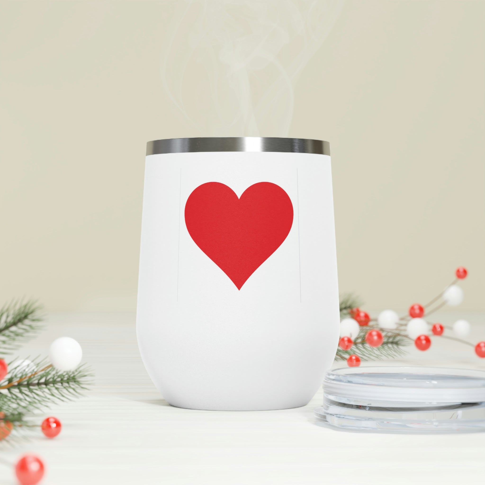 Hearts Wine Tumbler in stainless steel with a clear plastic lid, showcasing a stylish design perfect for hot and cold beverages.