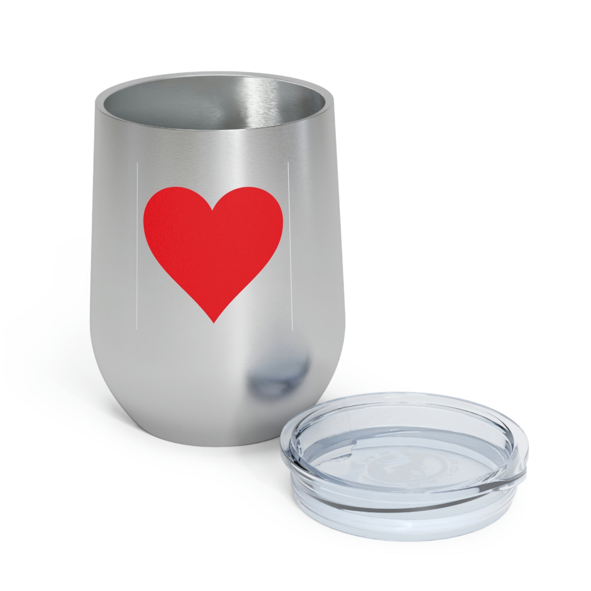 Hearts Wine Tumbler in stainless steel with a clear plastic lid, showcasing a stylish design perfect for hot and cold beverages.