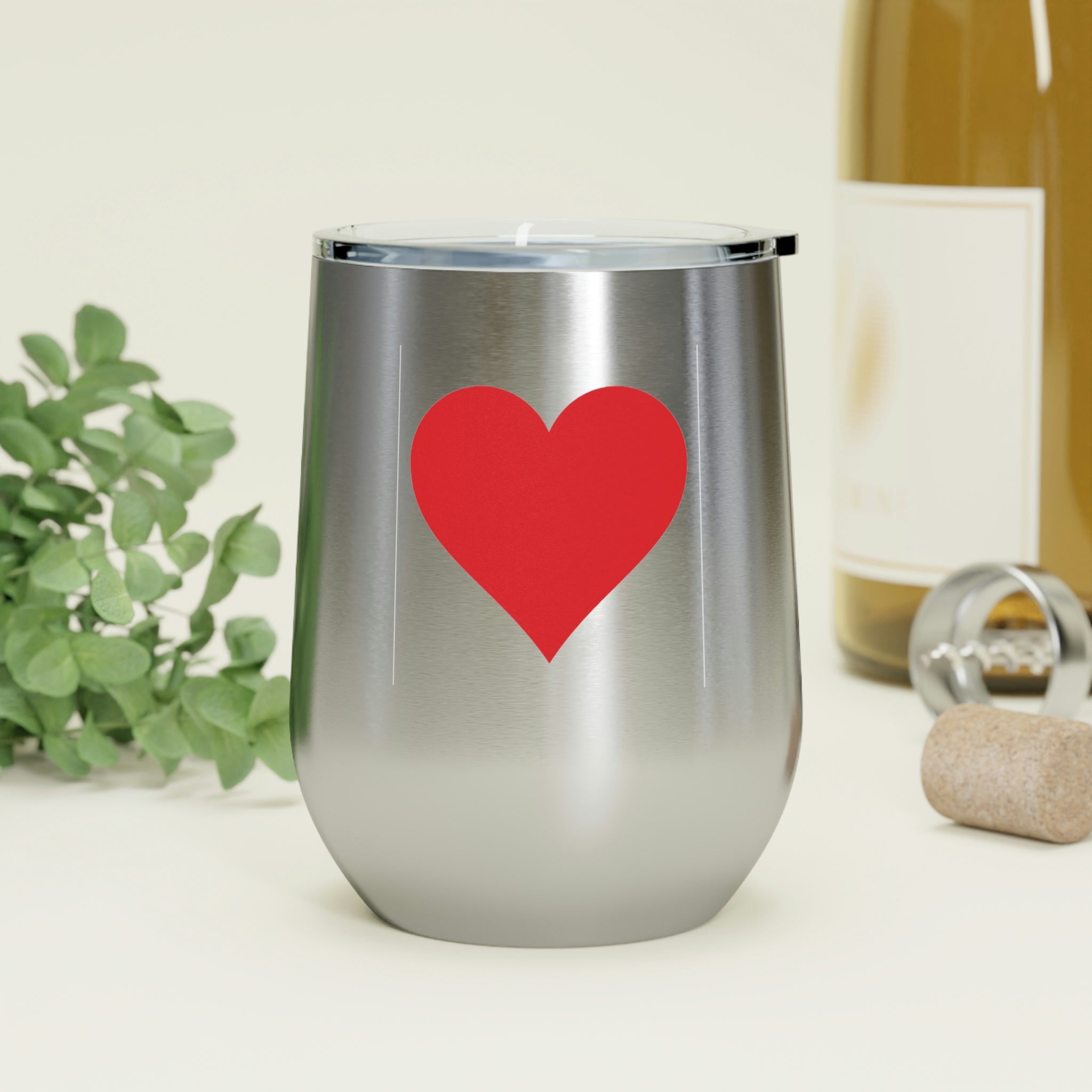 Hearts Wine Tumbler in stainless steel with a clear plastic lid, showcasing a stylish design perfect for hot and cold beverages.