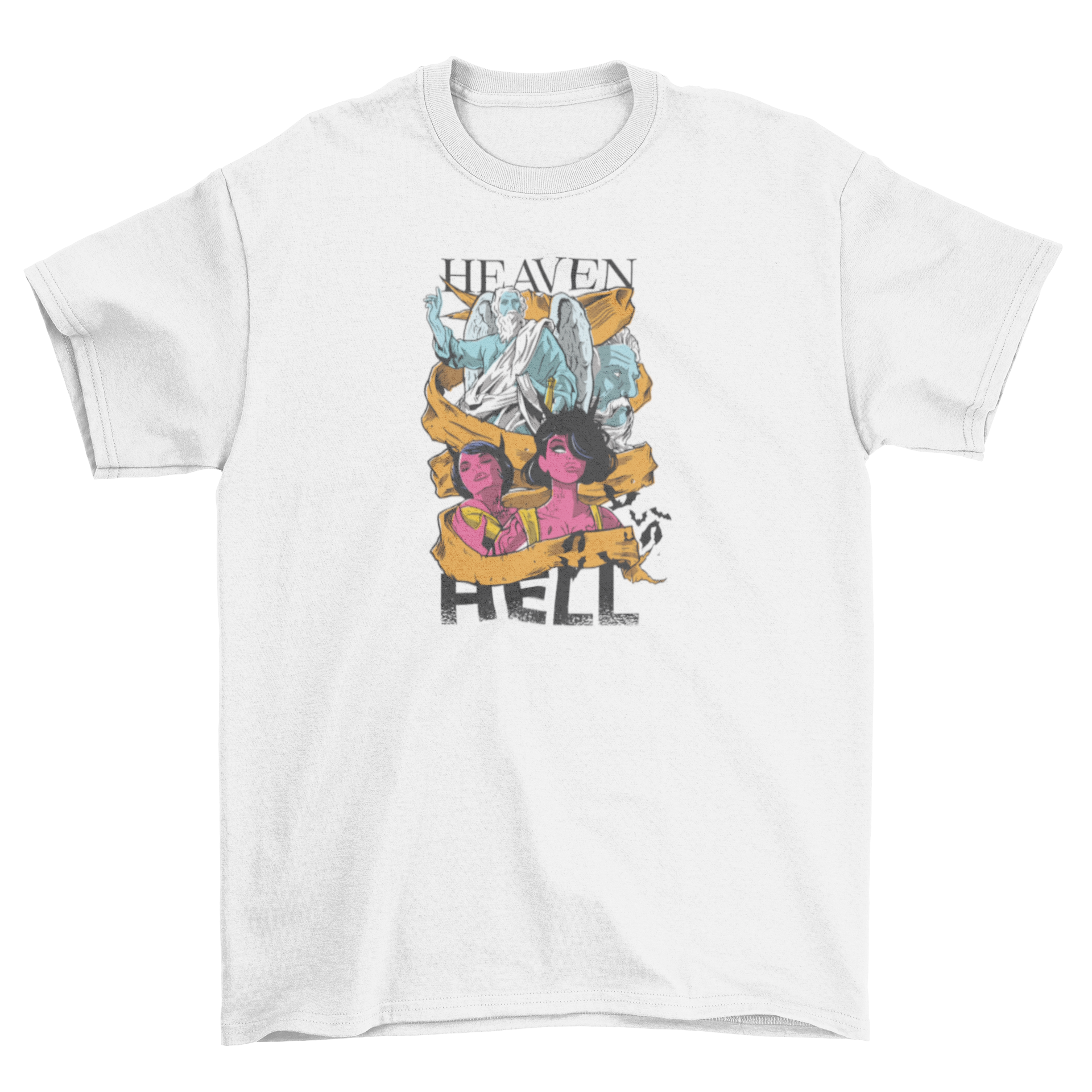 Heaven and Hell t-shirt featuring angels and devils illustration with caption.