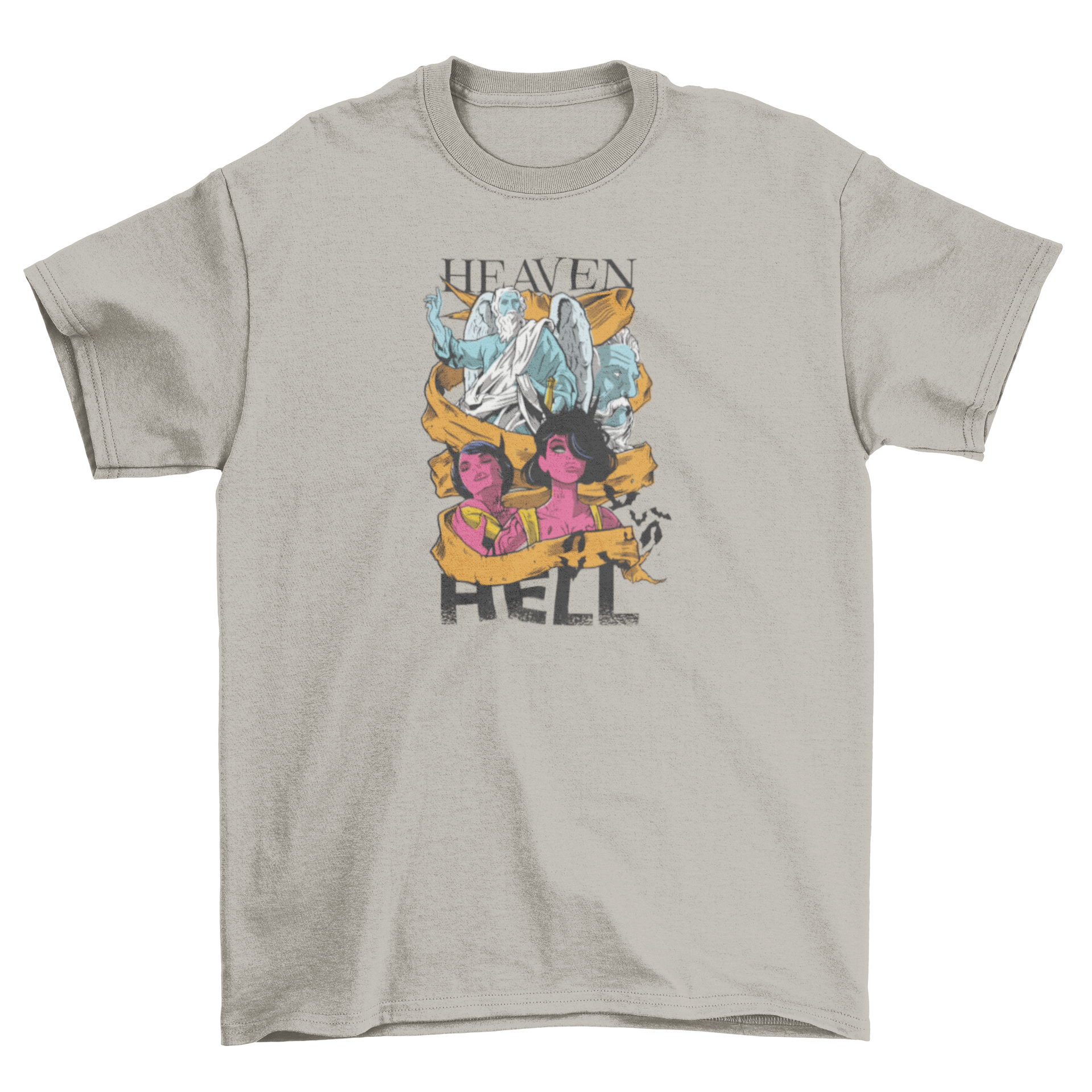 Heaven and Hell t-shirt featuring angels and devils illustration with caption.