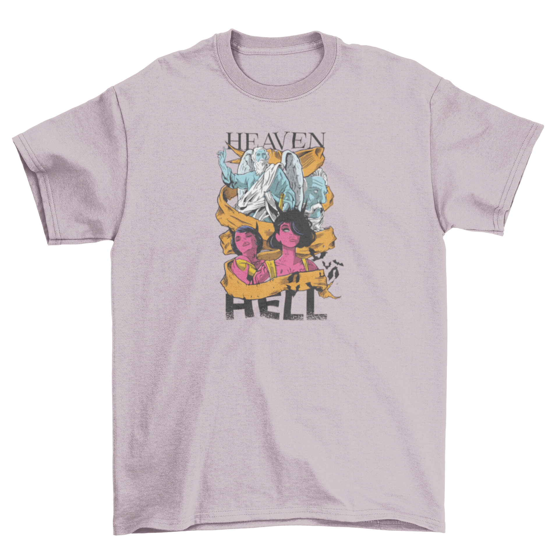 Heaven and Hell t-shirt featuring angels and devils illustration with caption.