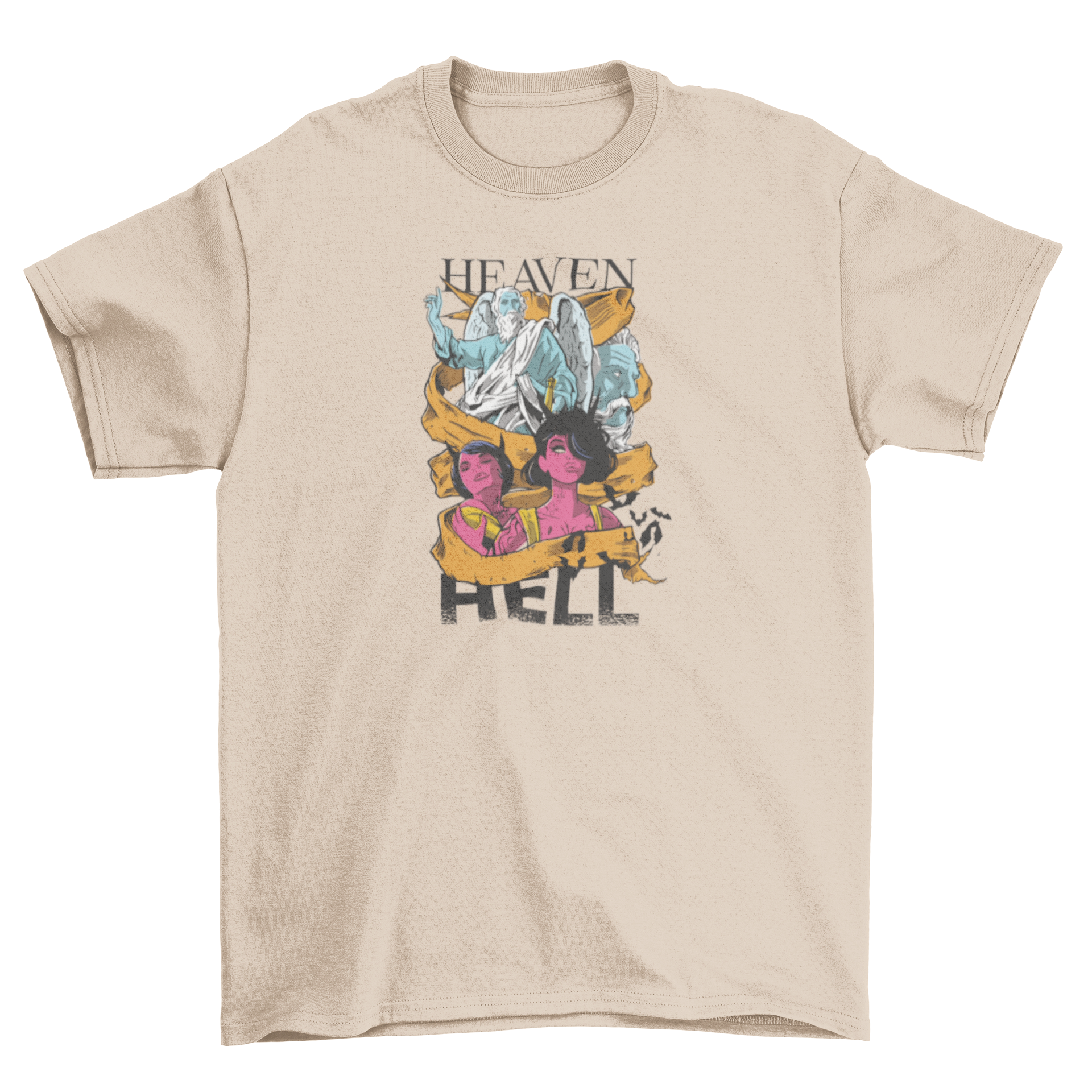 Heaven and Hell t-shirt featuring angels and devils illustration with caption.