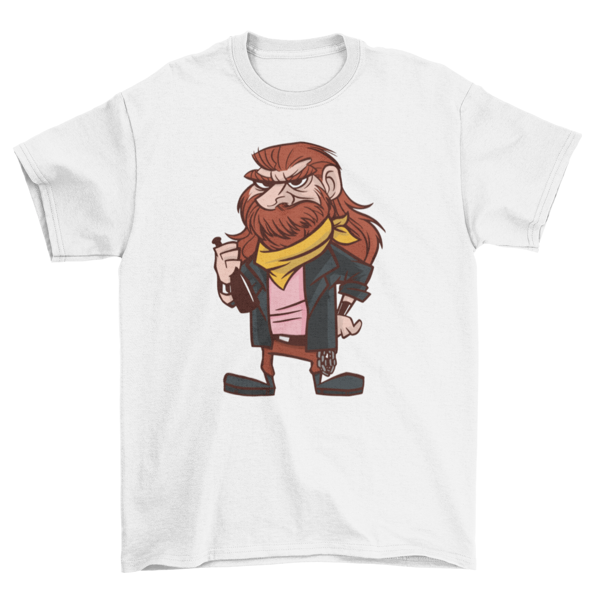 Heavy Metal Cartoon Guy T-Shirt featuring a cartoon character in heavy metal attire, including a leather jacket and band t-shirt.