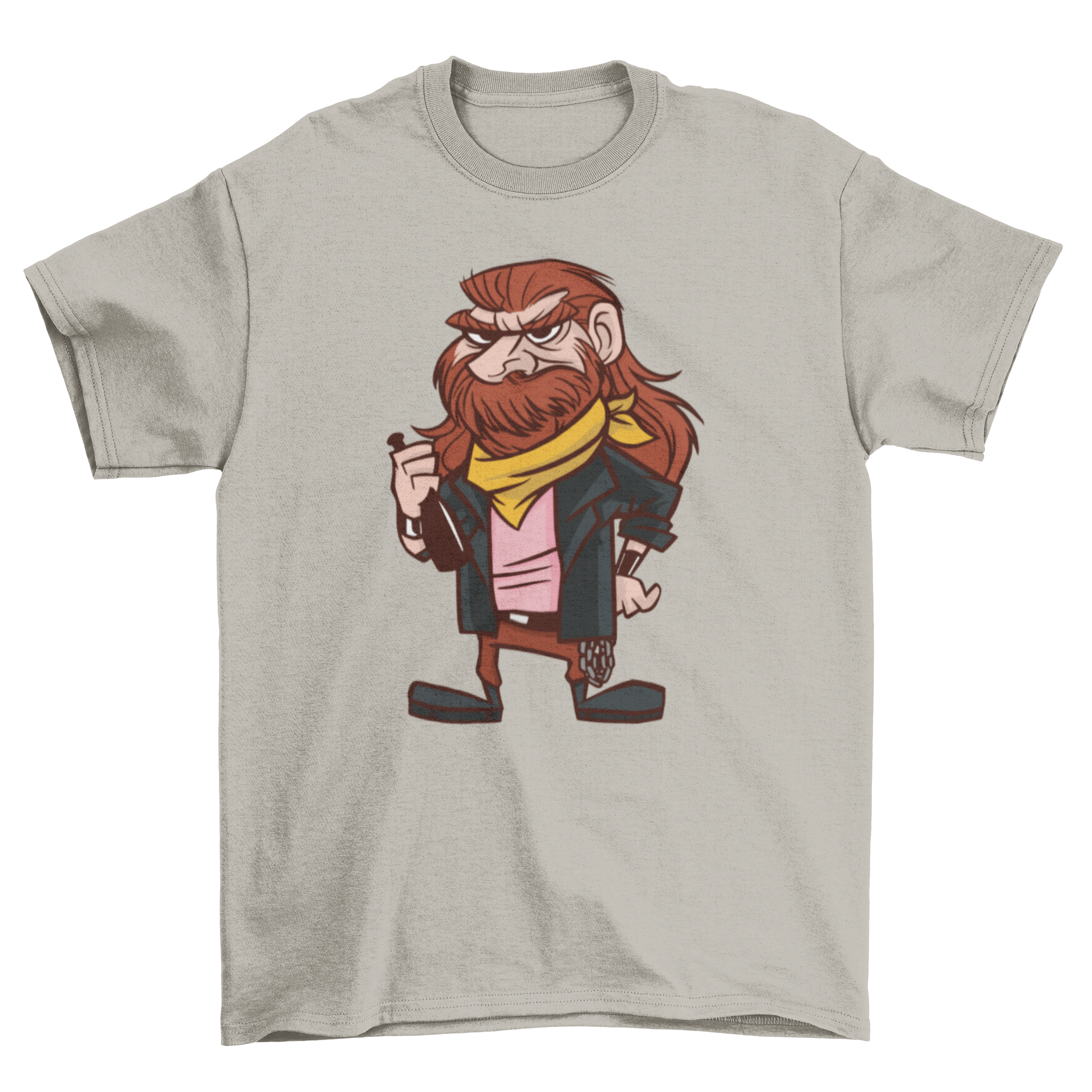 Heavy Metal Cartoon Guy T-Shirt featuring a cartoon character in heavy metal attire, including a leather jacket and band t-shirt.