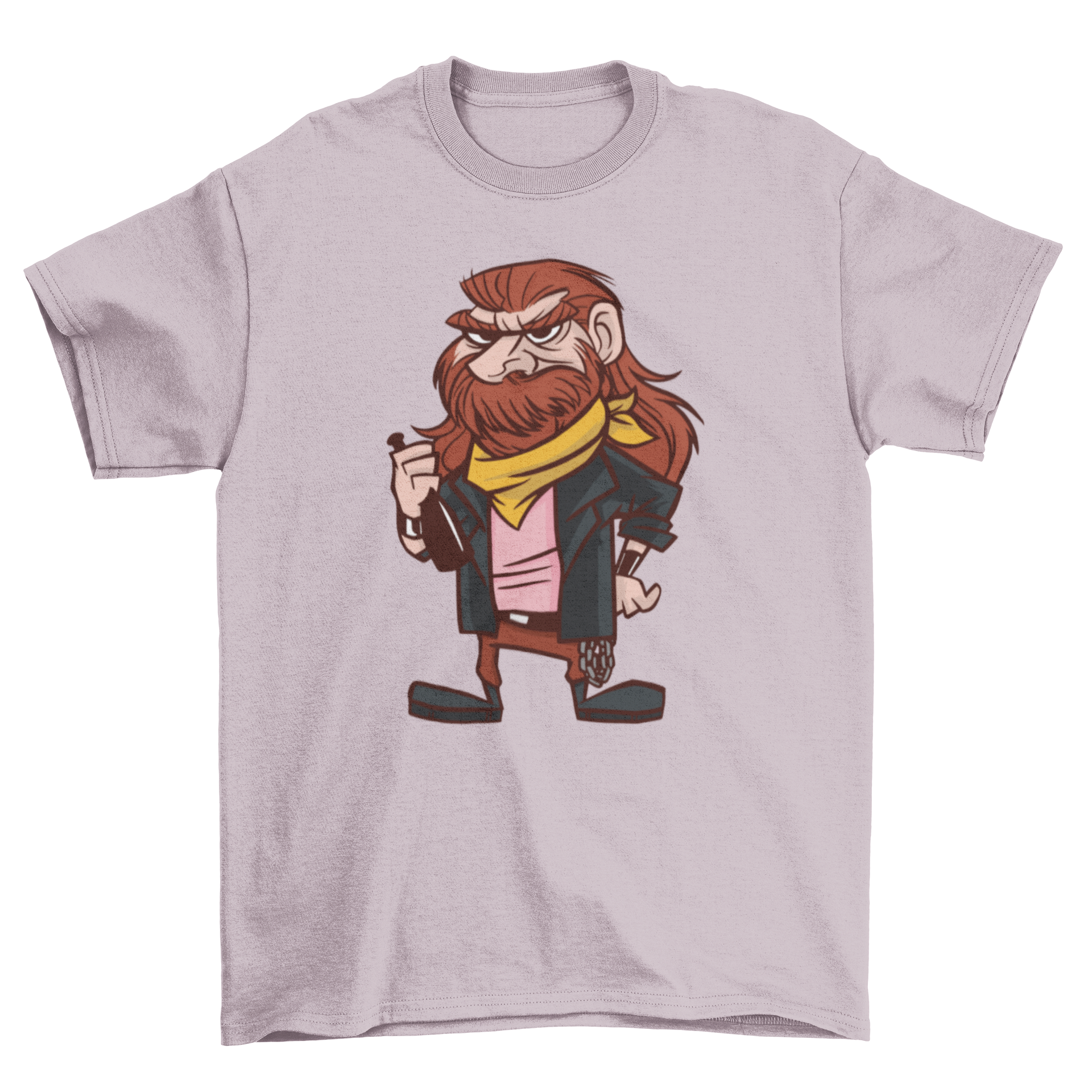 Heavy Metal Cartoon Guy T-Shirt featuring a cartoon character in heavy metal attire, including a leather jacket and band t-shirt.