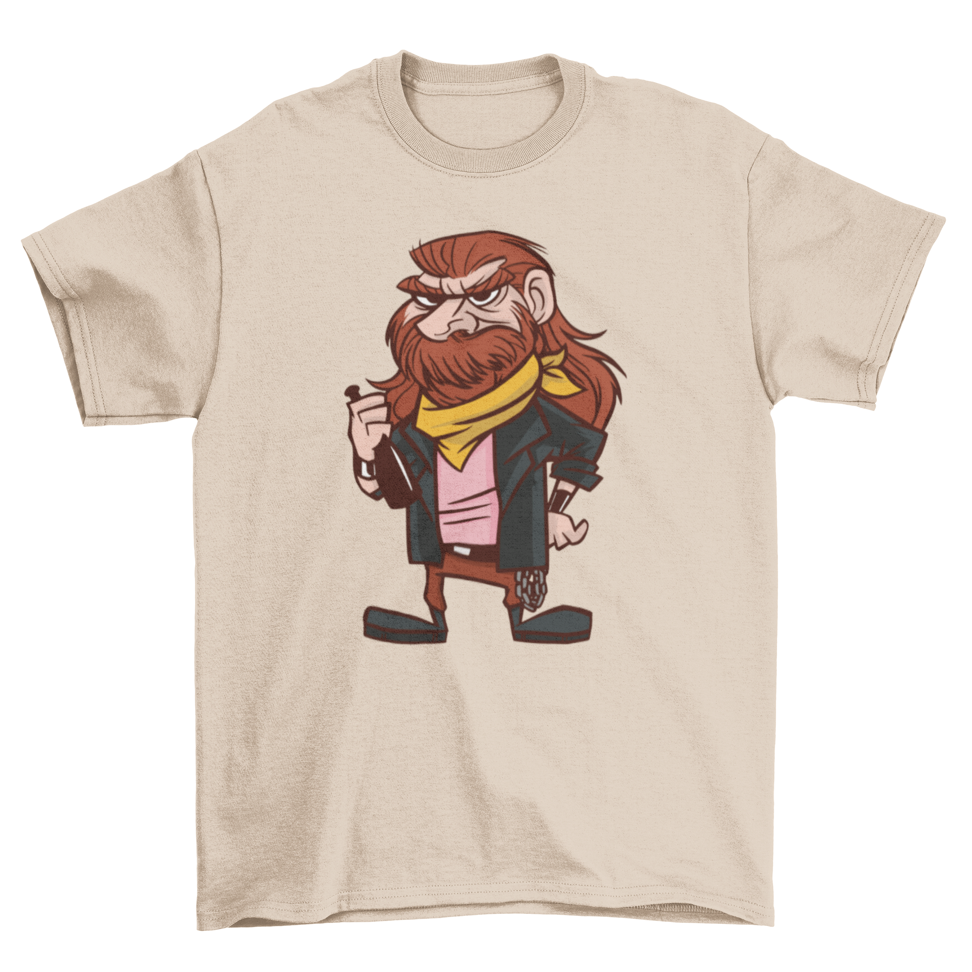 Heavy Metal Cartoon Guy T-Shirt featuring a cartoon character in heavy metal attire, including a leather jacket and band t-shirt.