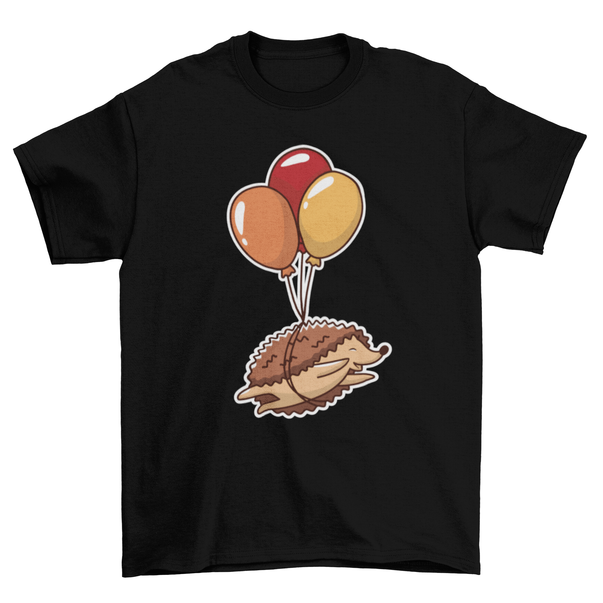 A cute t-shirt featuring a hedgehog flying with colorful balloons against a light background.