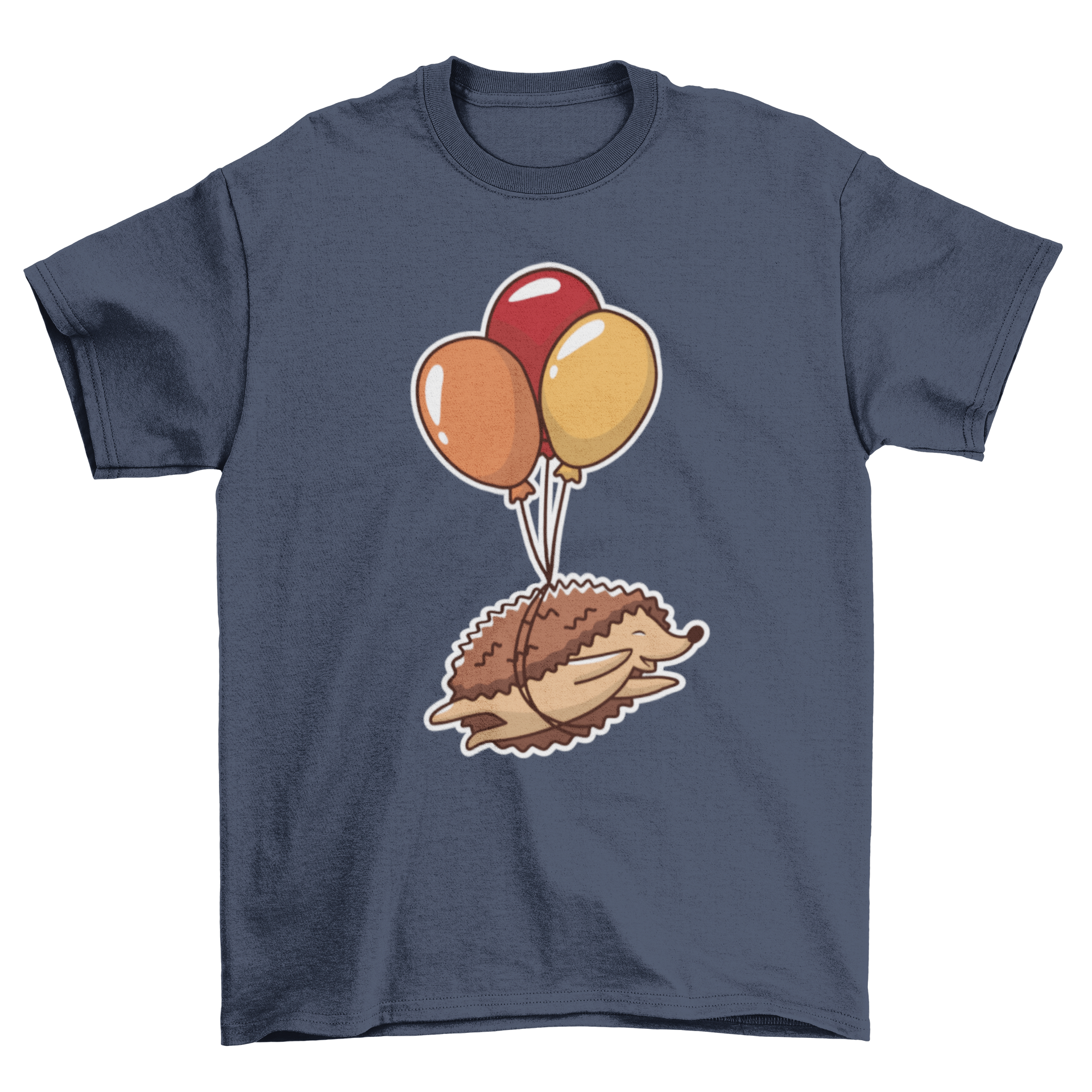 A cute t-shirt featuring a hedgehog flying with colorful balloons against a light background.