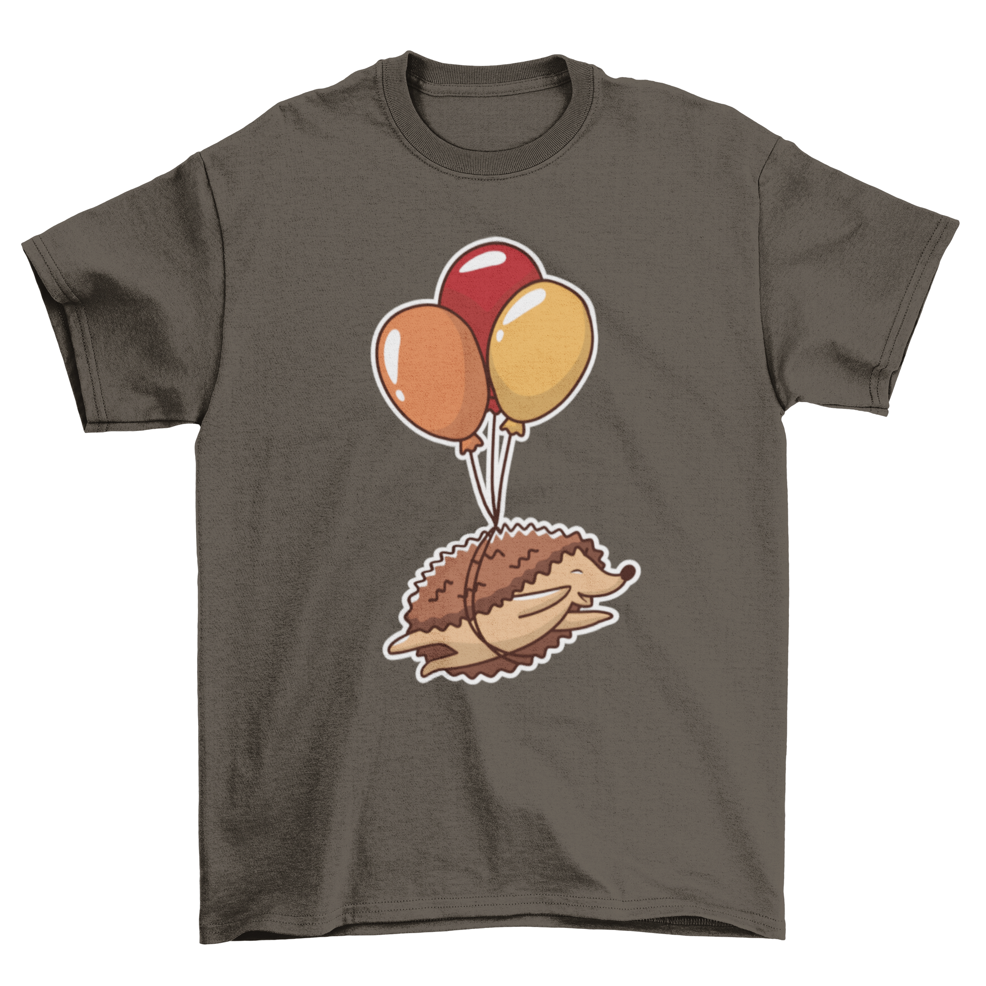 A cute t-shirt featuring a hedgehog flying with colorful balloons against a light background.