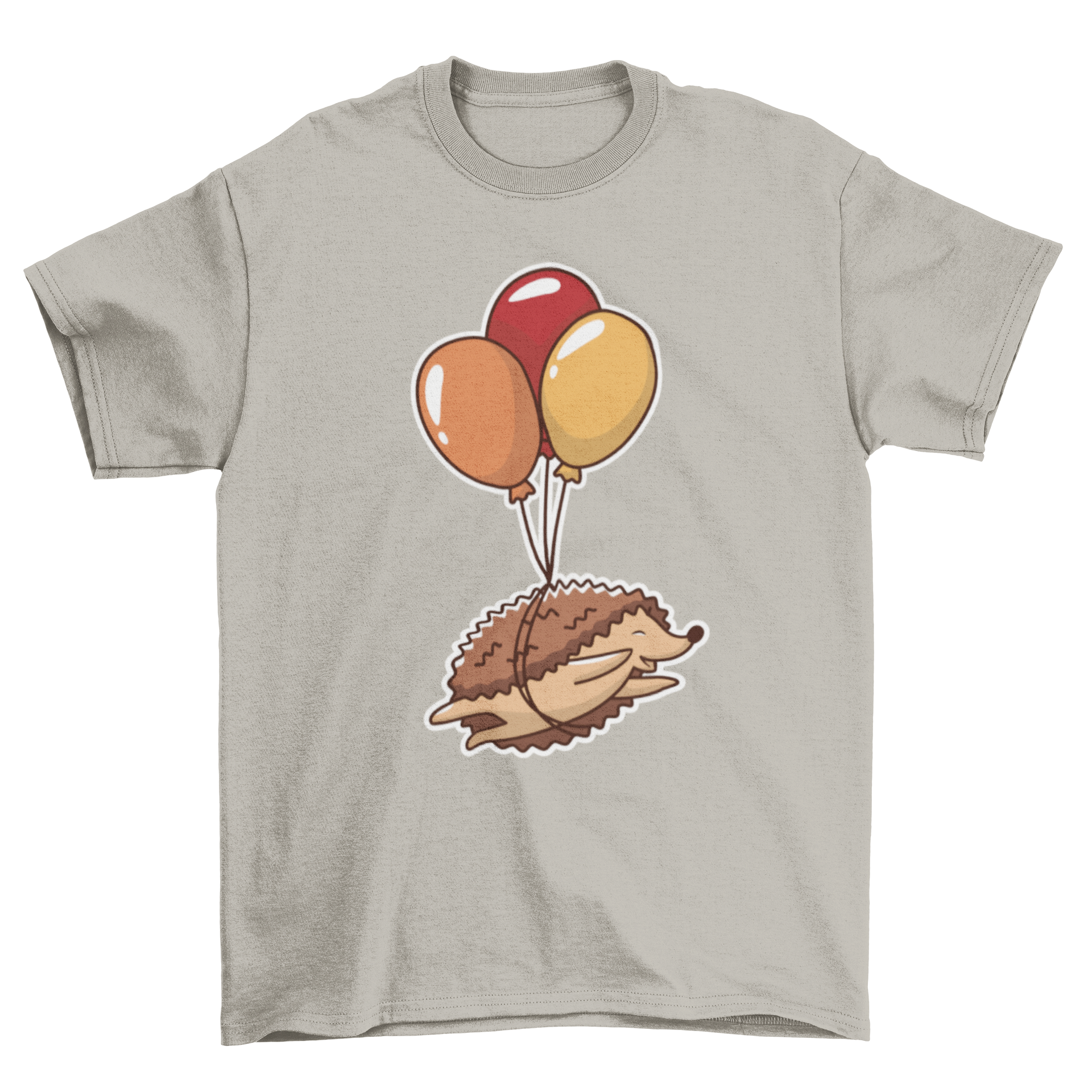 A cute t-shirt featuring a hedgehog flying with colorful balloons against a light background.