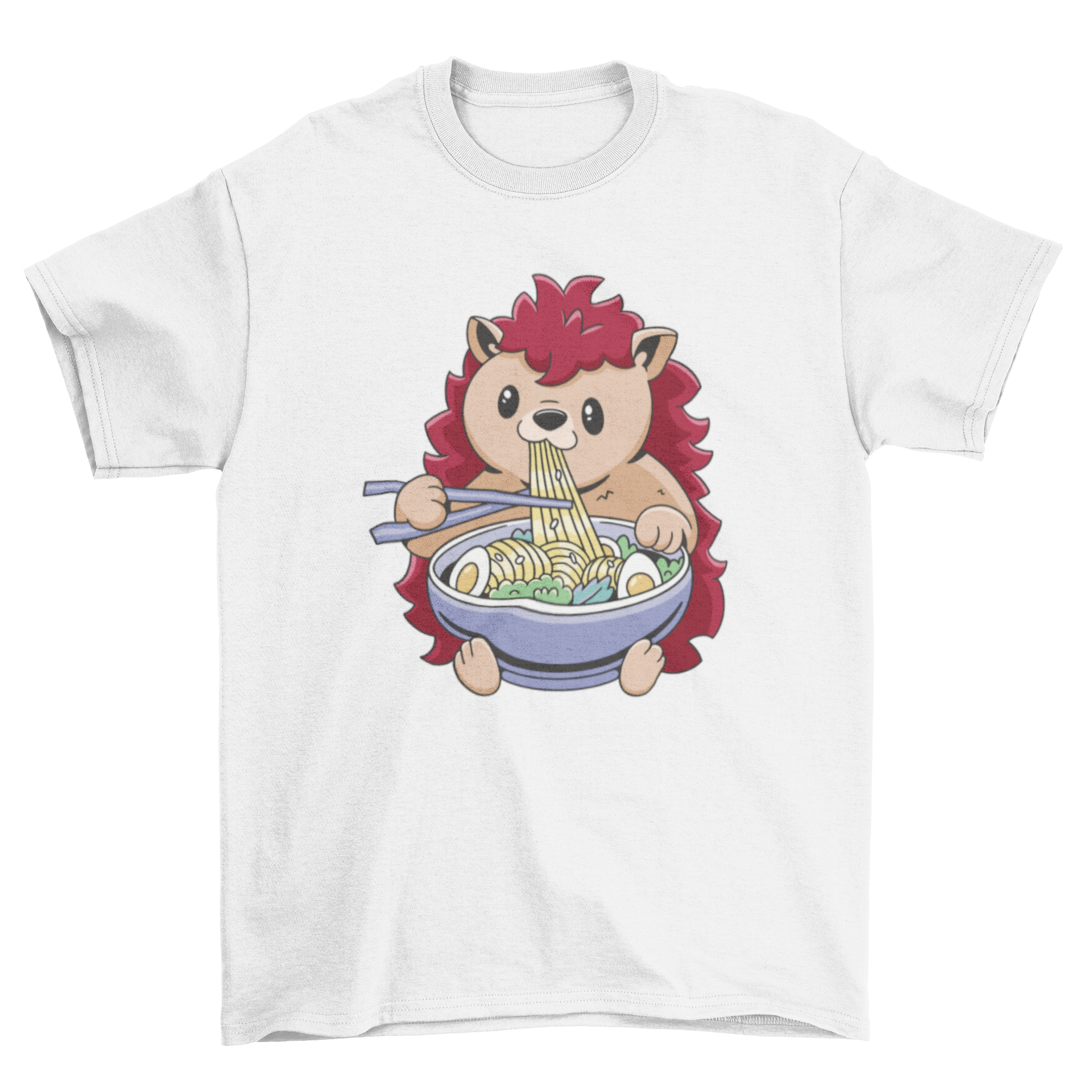 A cute hedgehog happily eating a large bowl of ramen on a t-shirt design.