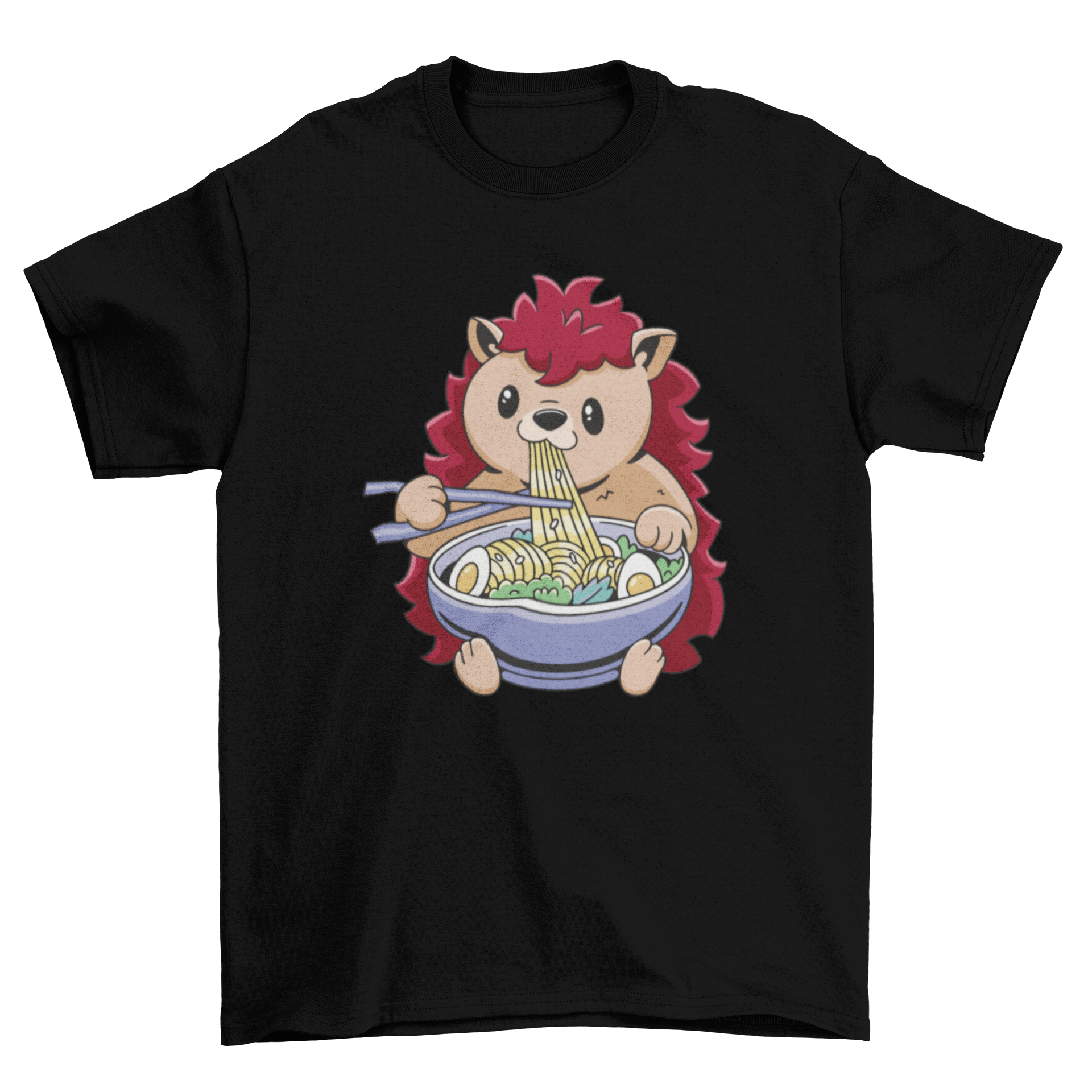 A cute hedgehog happily eating a large bowl of ramen on a t-shirt design.