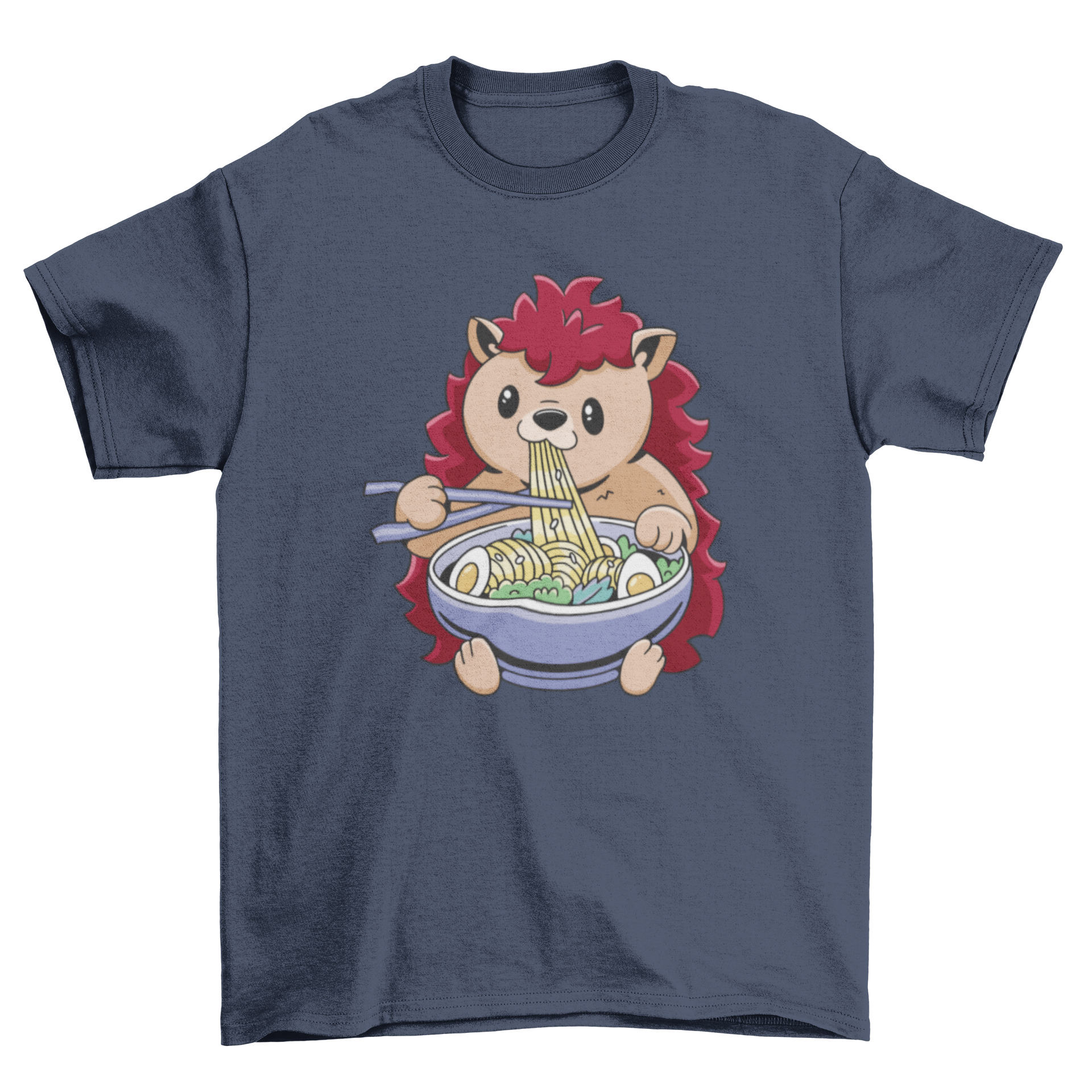 A cute hedgehog happily eating a large bowl of ramen on a t-shirt design.