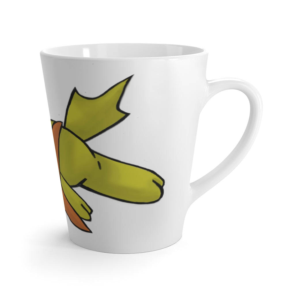 A stylish white ceramic latte mug with rounded corners and a C-handle, featuring vibrant sublimation printing.