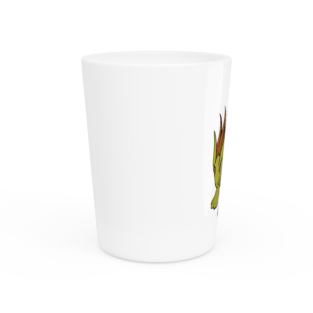 A personalized Hedgpoint Shot Glass made of white ceramic with a customizable design, available in white or black interior.