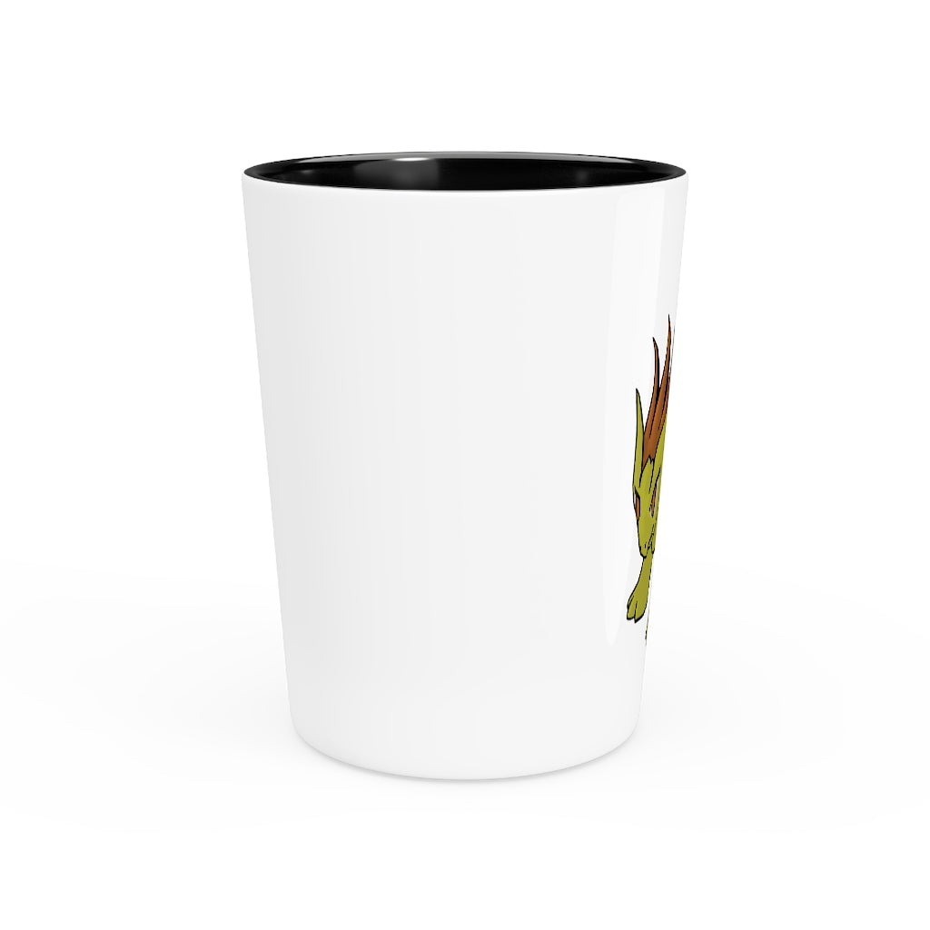 A personalized Hedgpoint Shot Glass made of white ceramic with a customizable design, available in white or black interior.