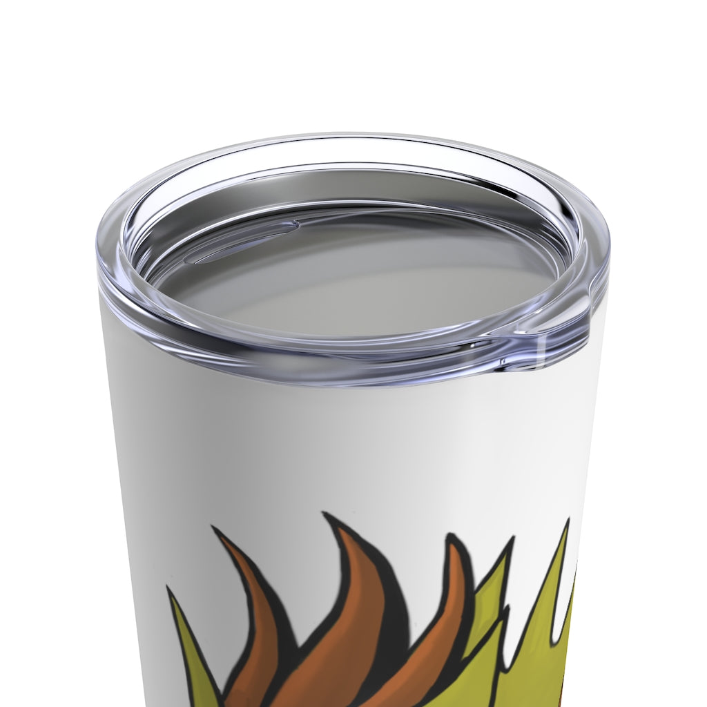 Hedgpoint Tumbler 20oz in stainless steel with a see-thru plastic lid, showcasing its sleek design and rounded corners.