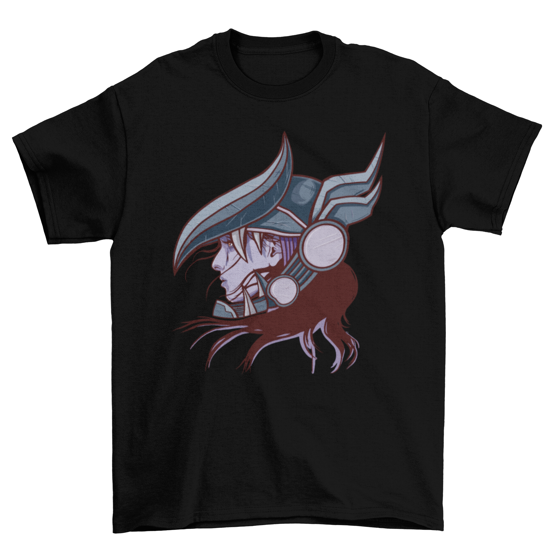 A stylish t-shirt featuring a woman wearing a detailed dragon helmet design, perfect for bold fashion lovers.