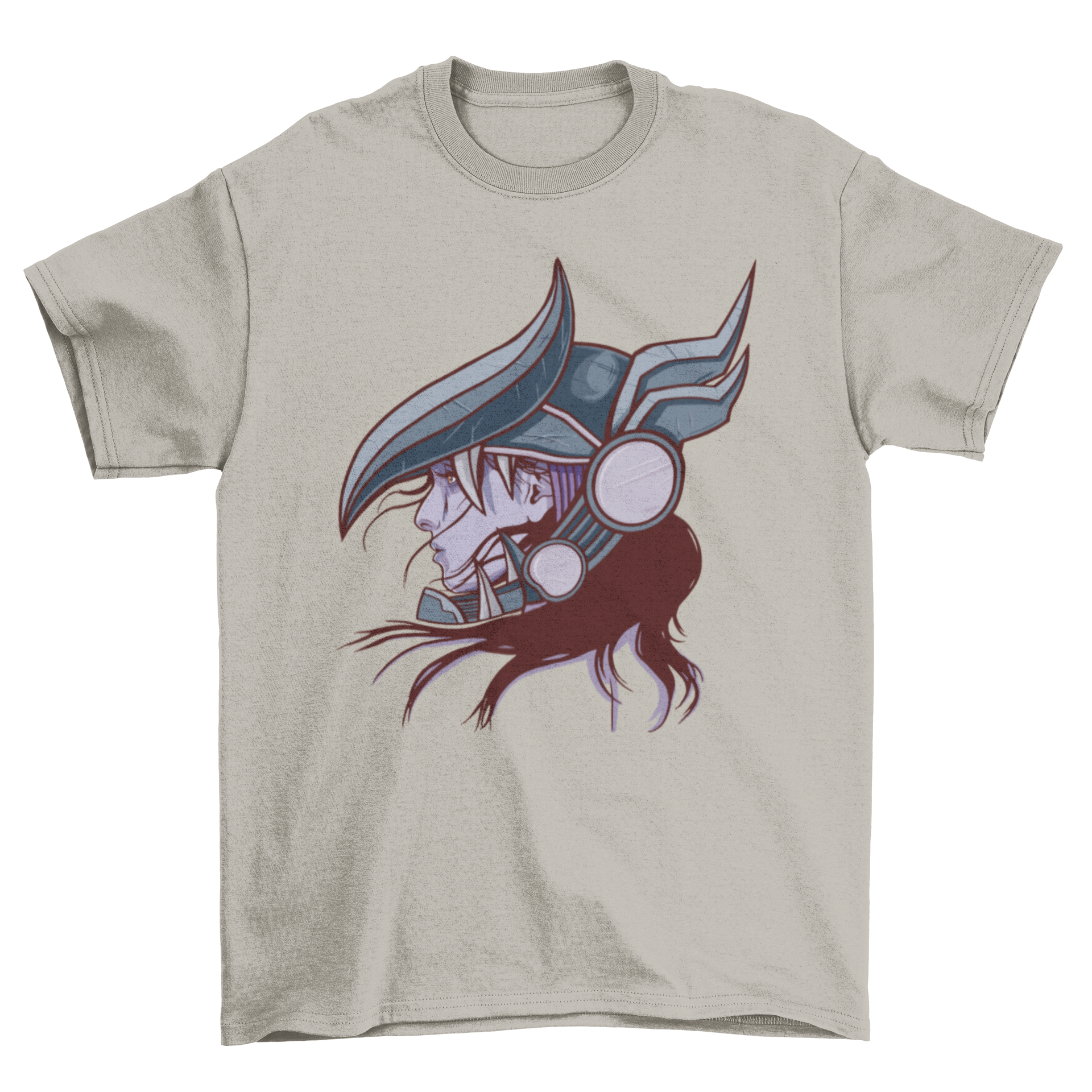 A stylish t-shirt featuring a woman wearing a detailed dragon helmet design, perfect for bold fashion lovers.