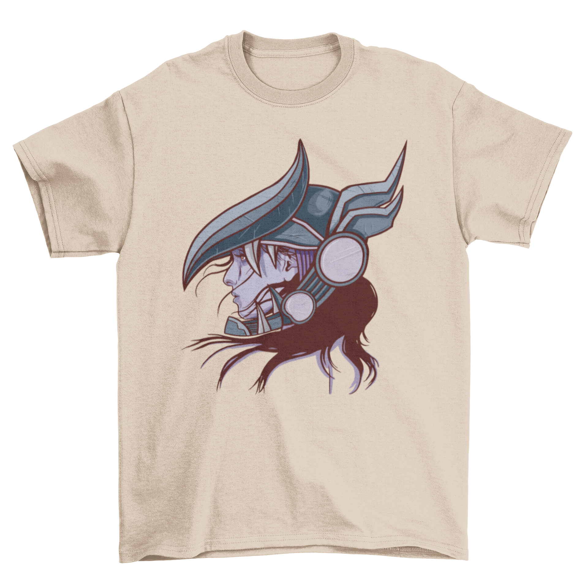 A stylish t-shirt featuring a woman wearing a detailed dragon helmet design, perfect for bold fashion lovers.