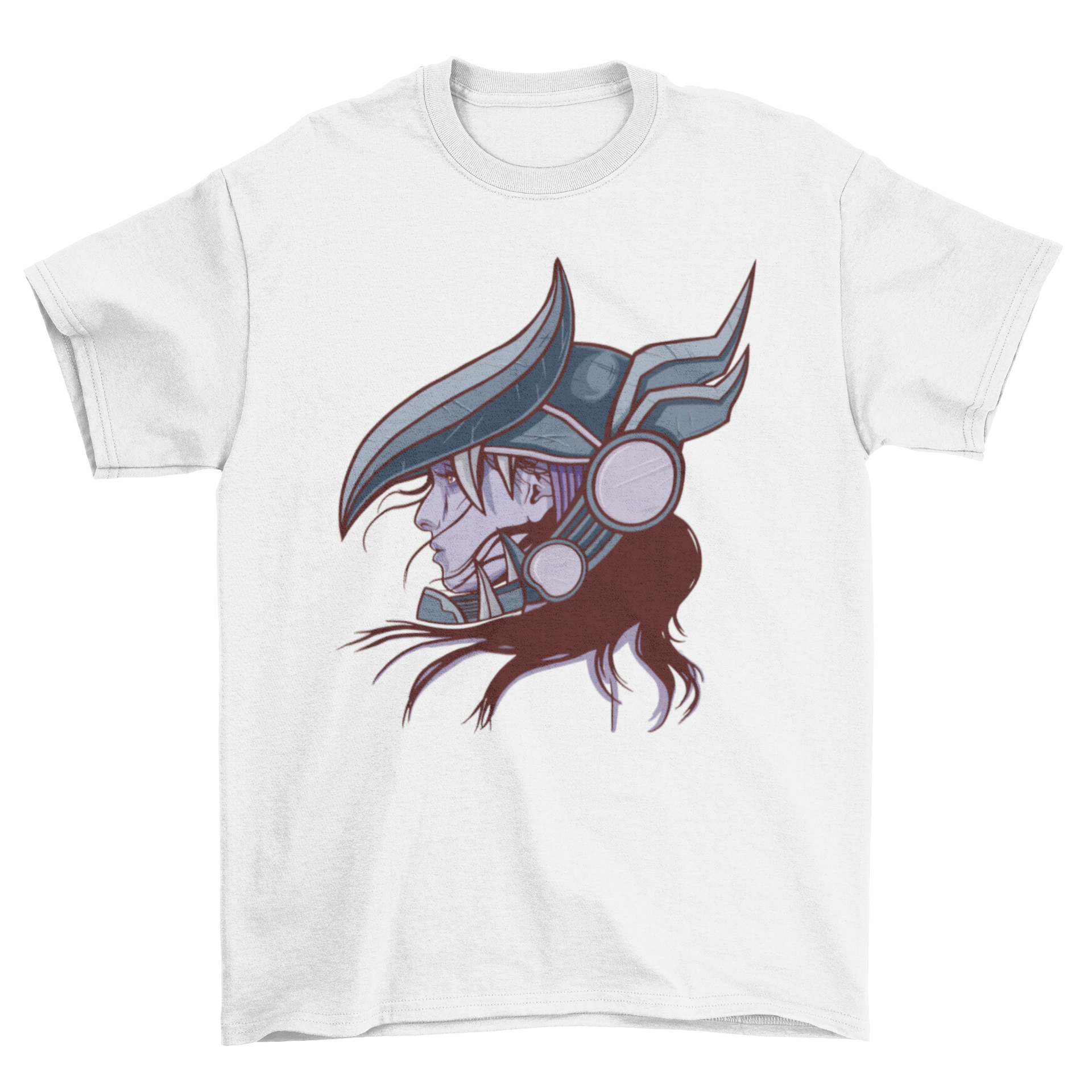 A stylish t-shirt featuring a woman wearing a detailed dragon helmet design, perfect for bold fashion lovers.