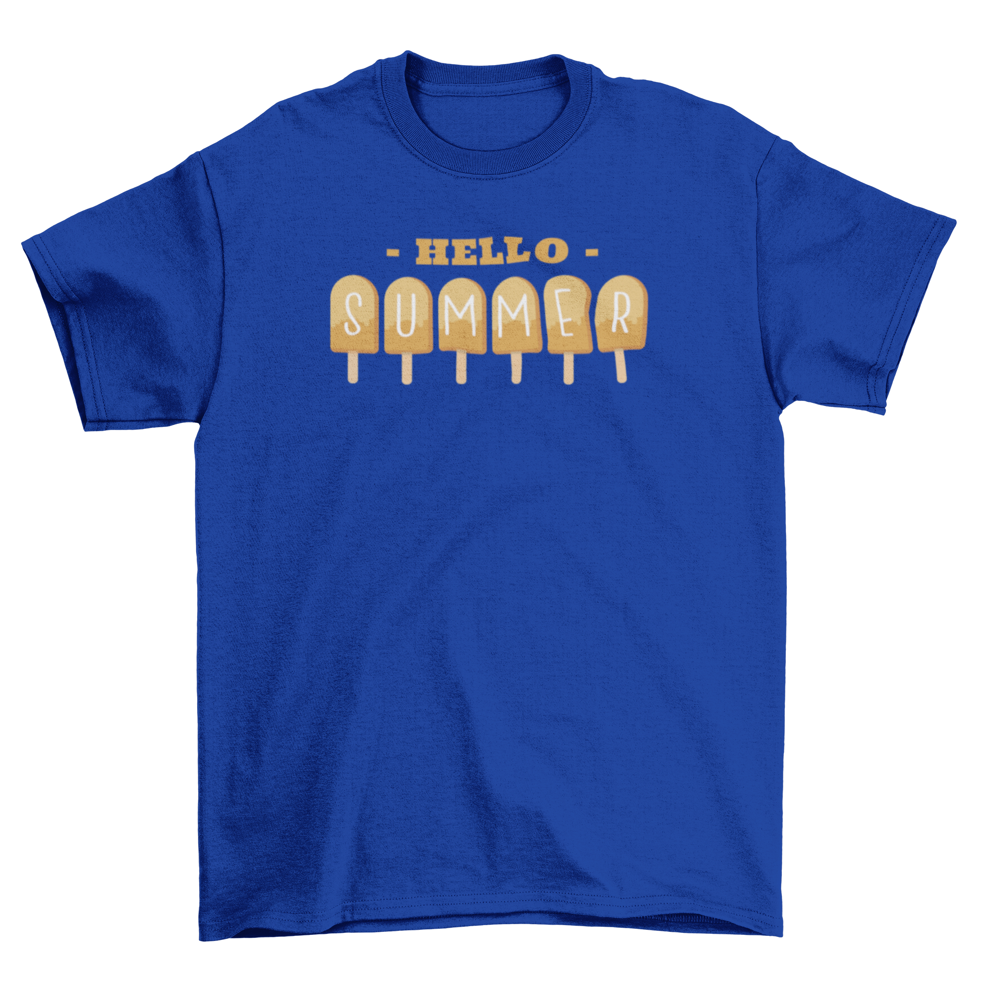 A colorful t-shirt featuring various ice cream popsicles forming the quote 'Hello summer'.