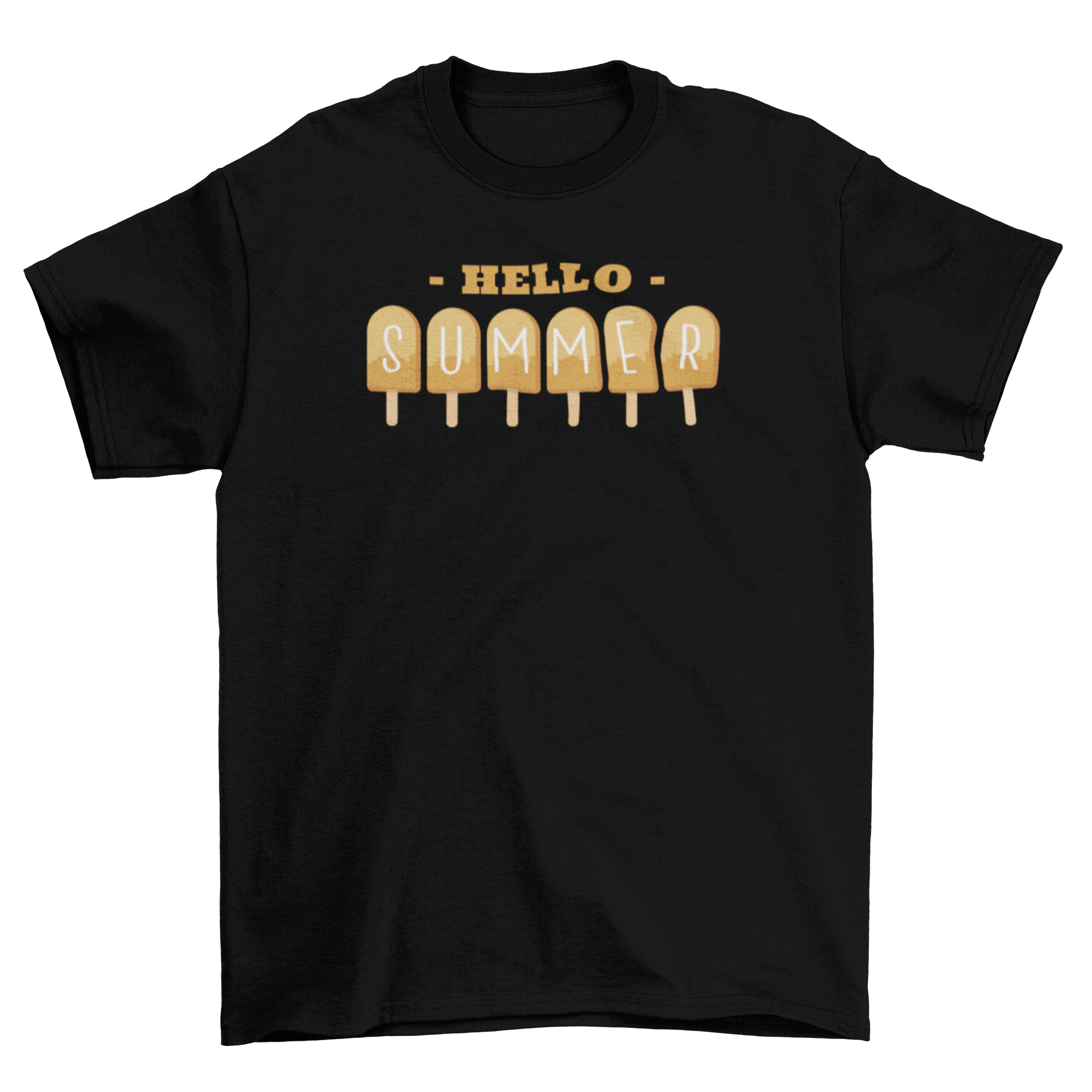 A colorful t-shirt featuring various ice cream popsicles forming the quote 'Hello summer'.