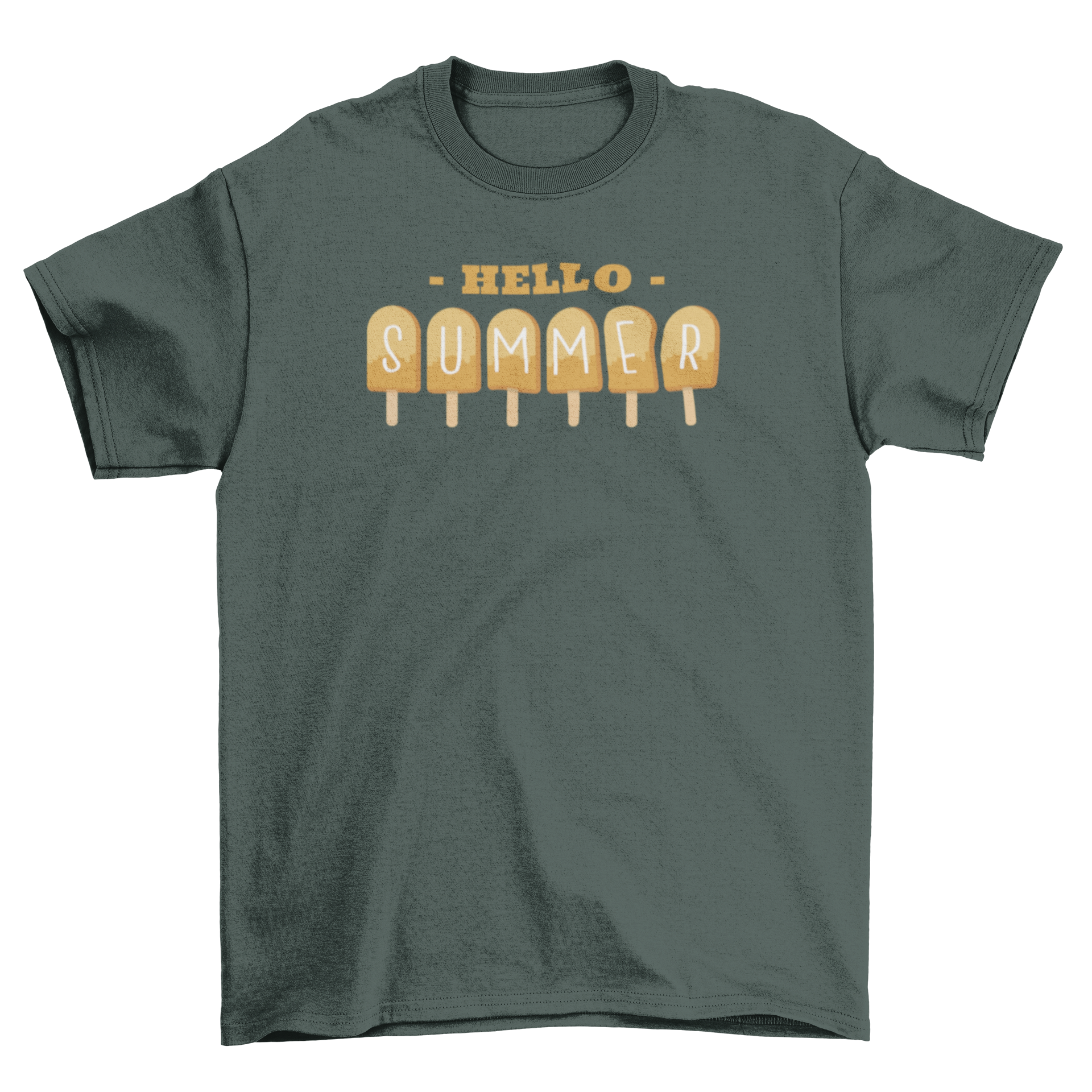 A colorful t-shirt featuring various ice cream popsicles forming the quote 'Hello summer'.