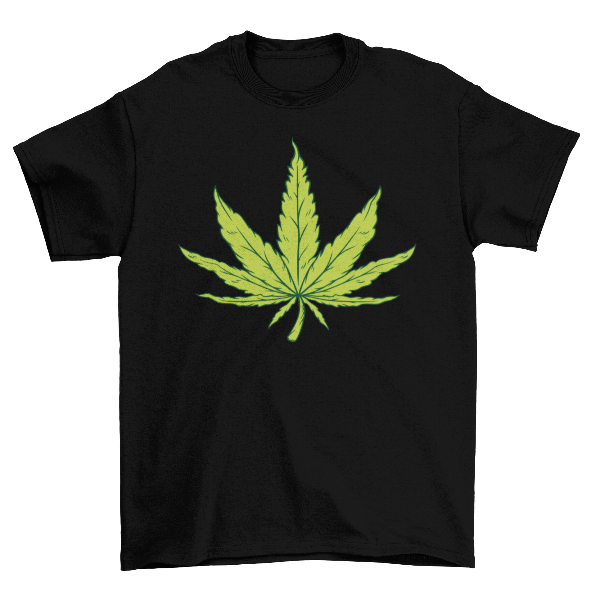 A stylish t-shirt featuring a detailed illustration of a hemp leaf, showcasing eco-friendly fashion.