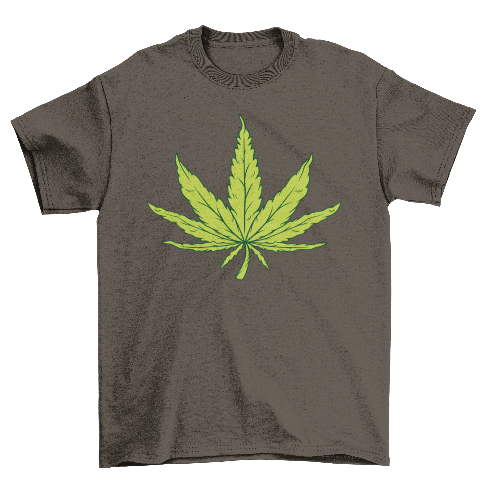 A stylish t-shirt featuring a detailed illustration of a hemp leaf, showcasing eco-friendly fashion.