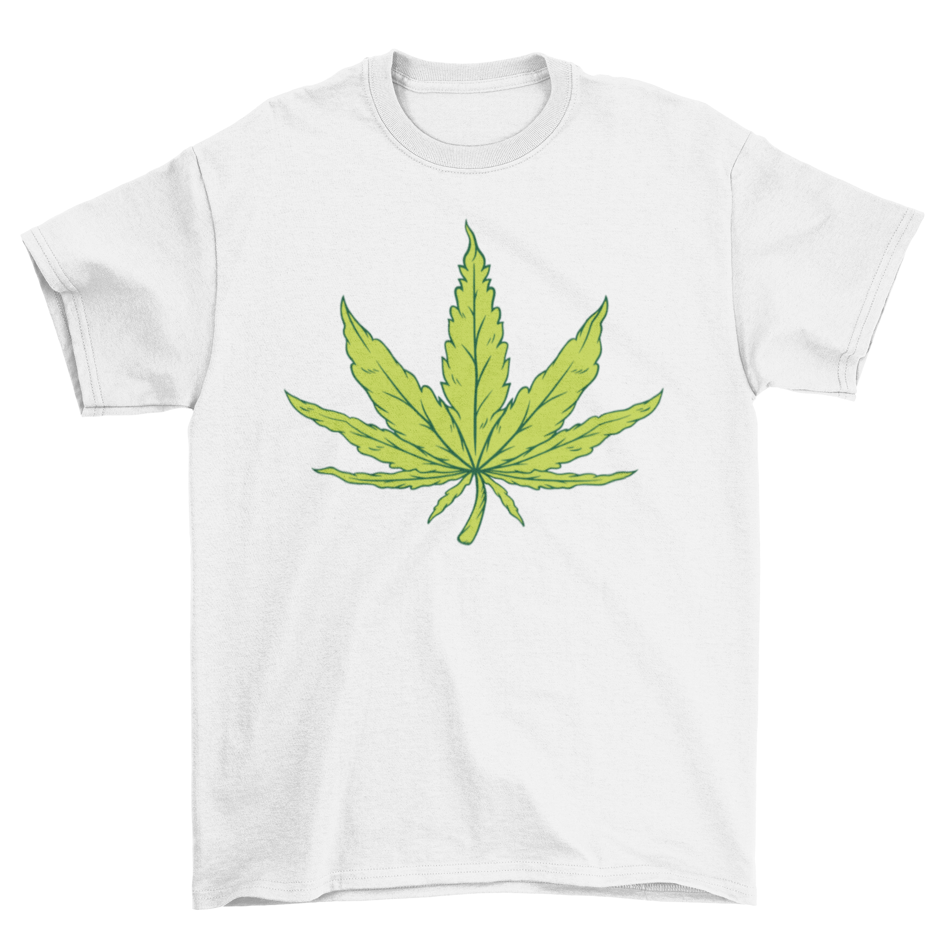 A stylish t-shirt featuring a detailed illustration of a hemp leaf, showcasing eco-friendly fashion.