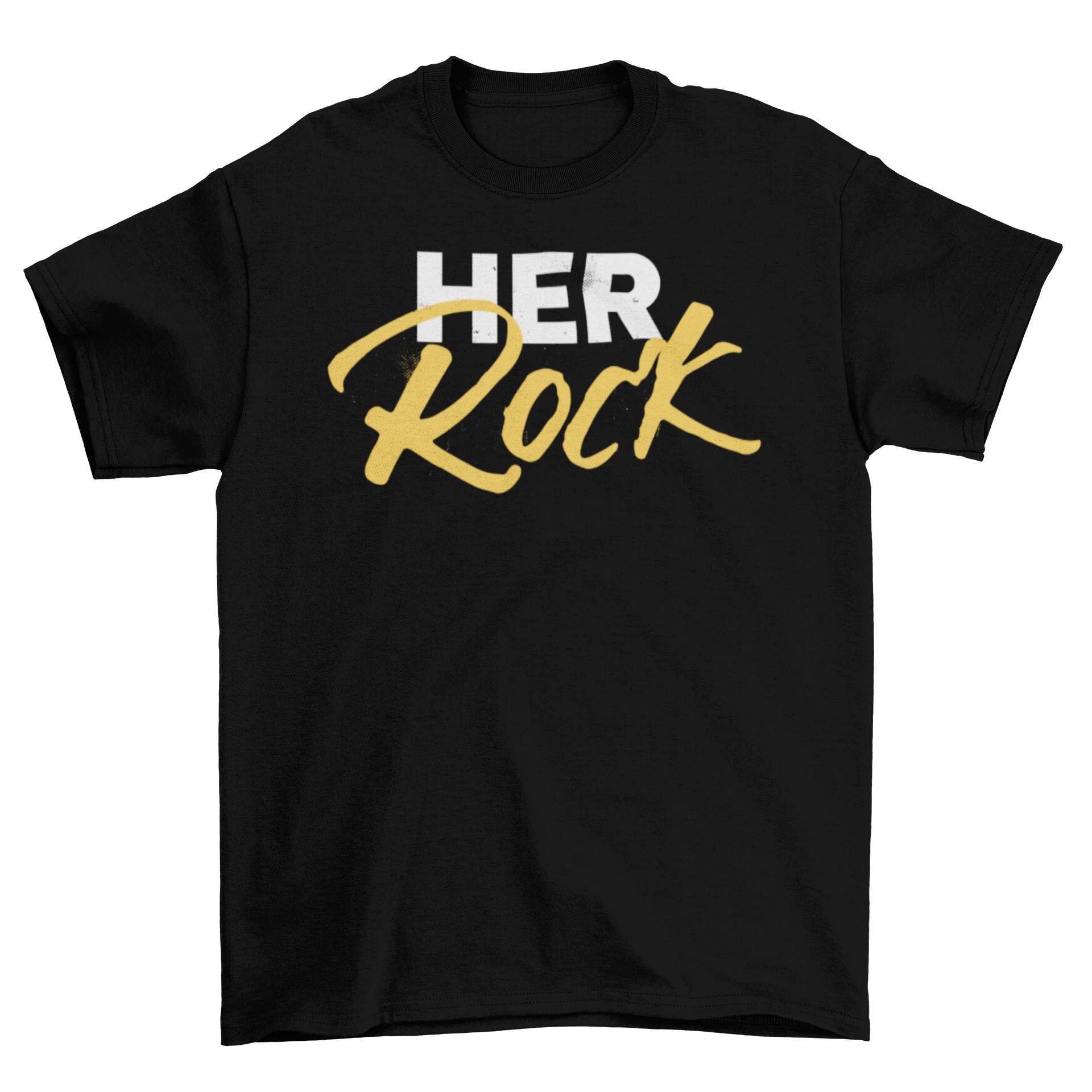 Her Rock Quote T-shirt featuring an empowering quote in stylish typography on a comfortable fabric.