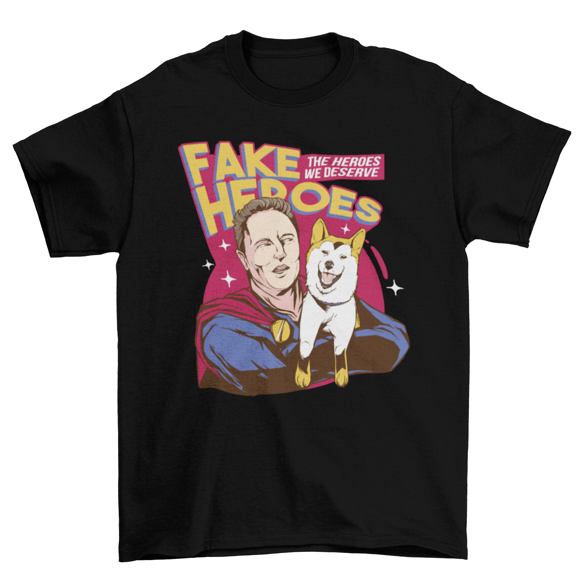 A stylish t-shirt featuring a superhero and a Shiba Inu dog with the quote 'Fake heroes', perfect for dog lovers.