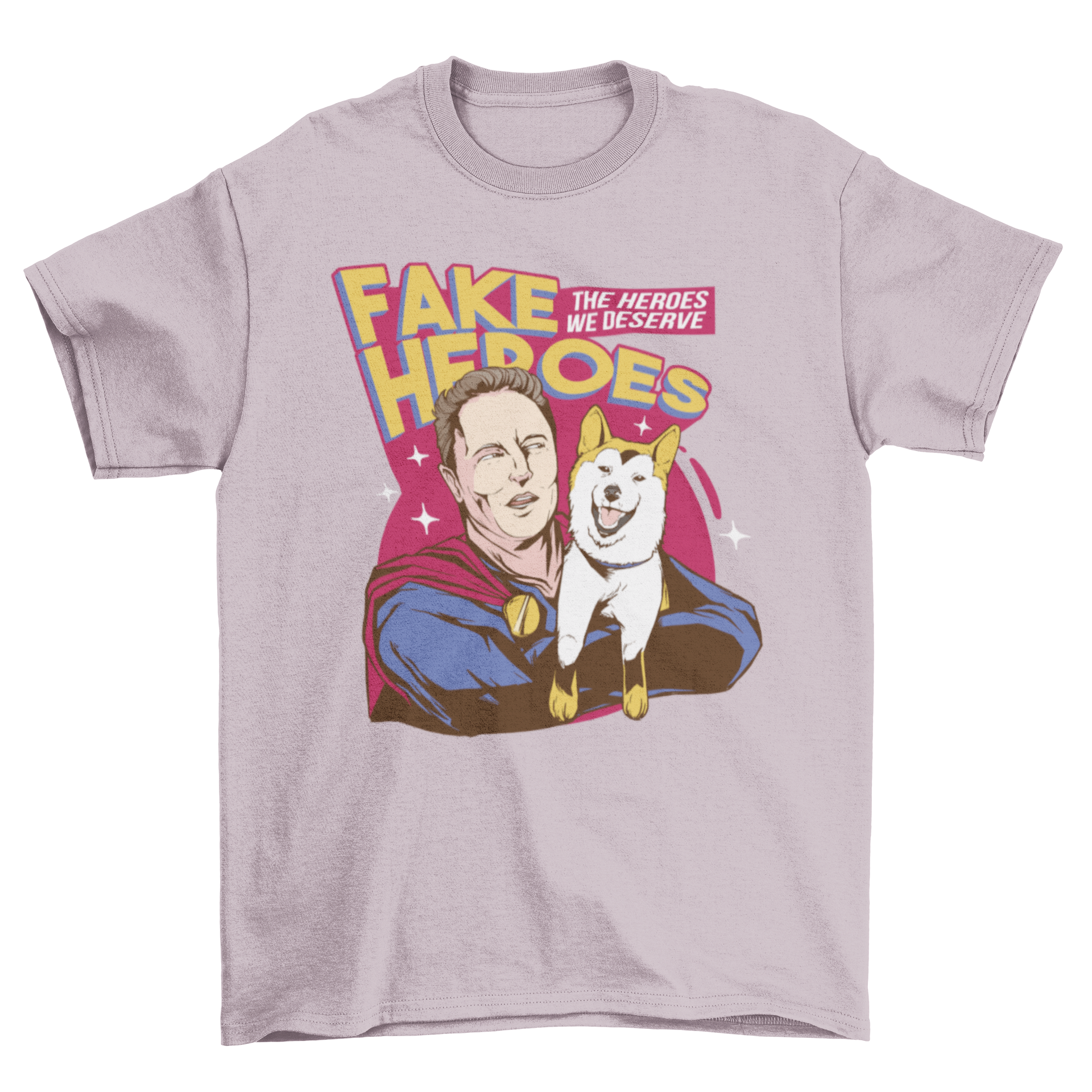 A stylish t-shirt featuring a superhero and a Shiba Inu dog with the quote 'Fake heroes', perfect for dog lovers.