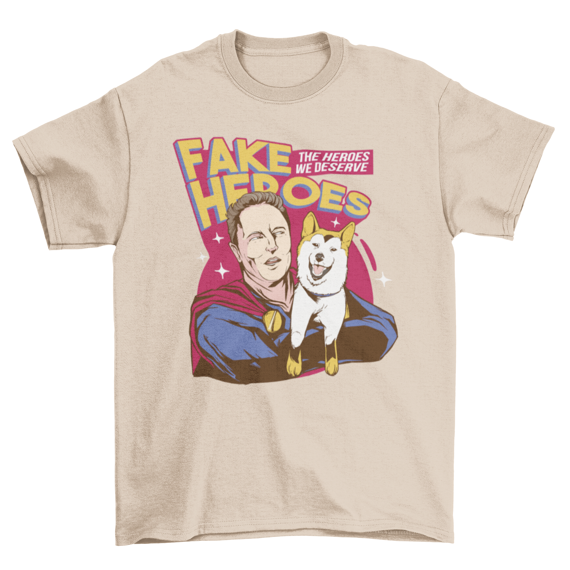 A stylish t-shirt featuring a superhero and a Shiba Inu dog with the quote 'Fake heroes', perfect for dog lovers.