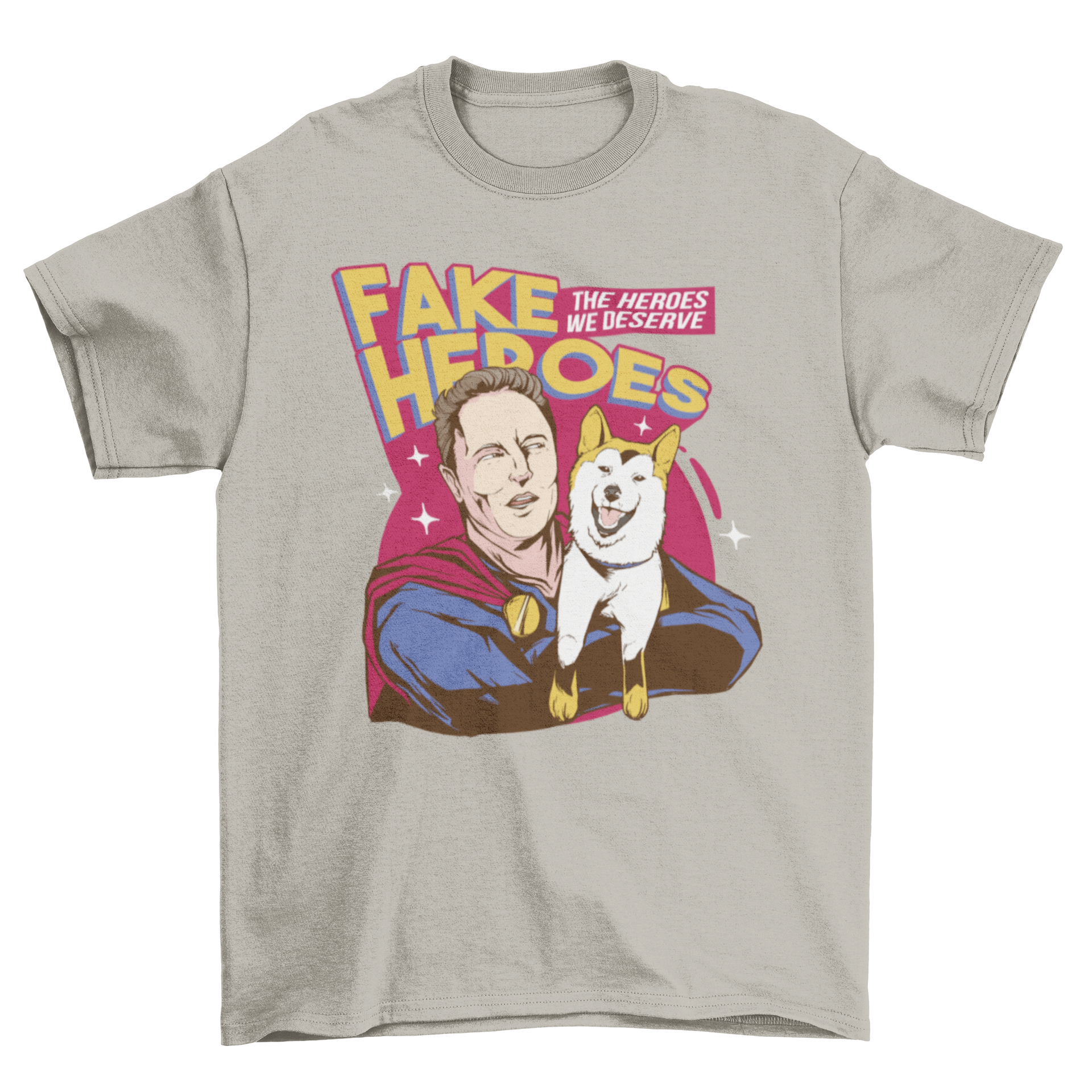 A stylish t-shirt featuring a superhero and a Shiba Inu dog with the quote 'Fake heroes', perfect for dog lovers.