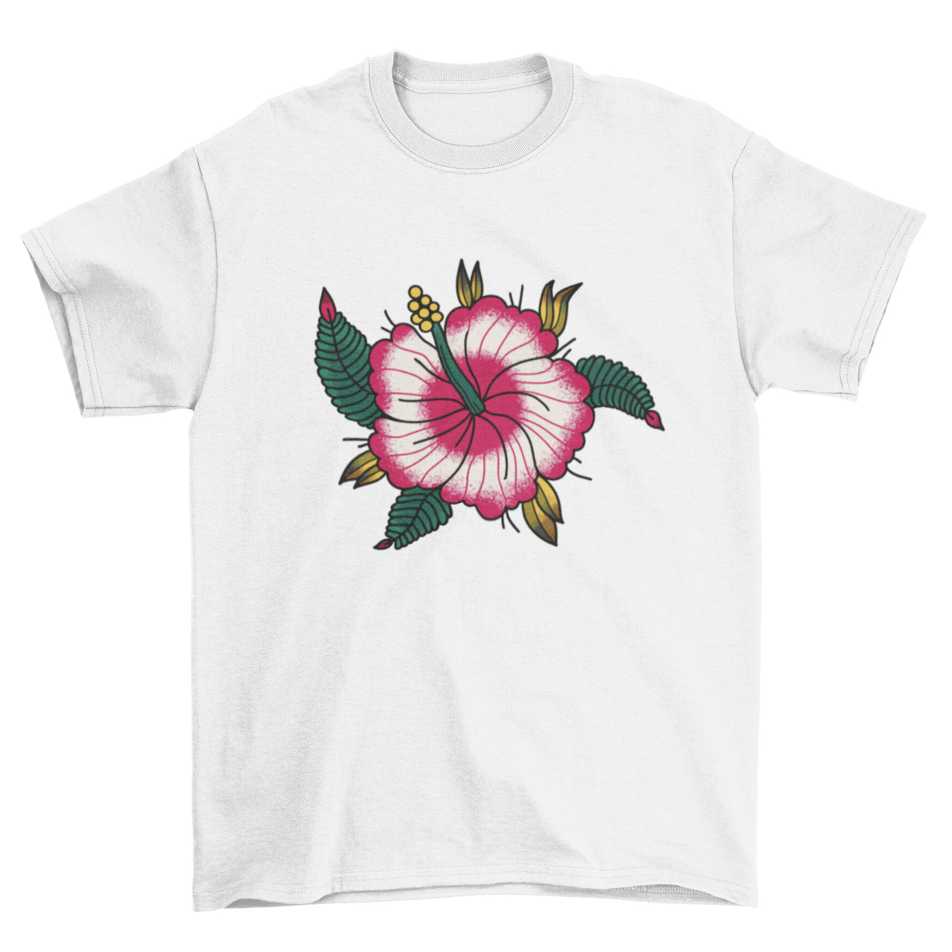 A stylish hibiscus flower t-shirt featuring a detailed tattoo-style design, perfect for casual wear.