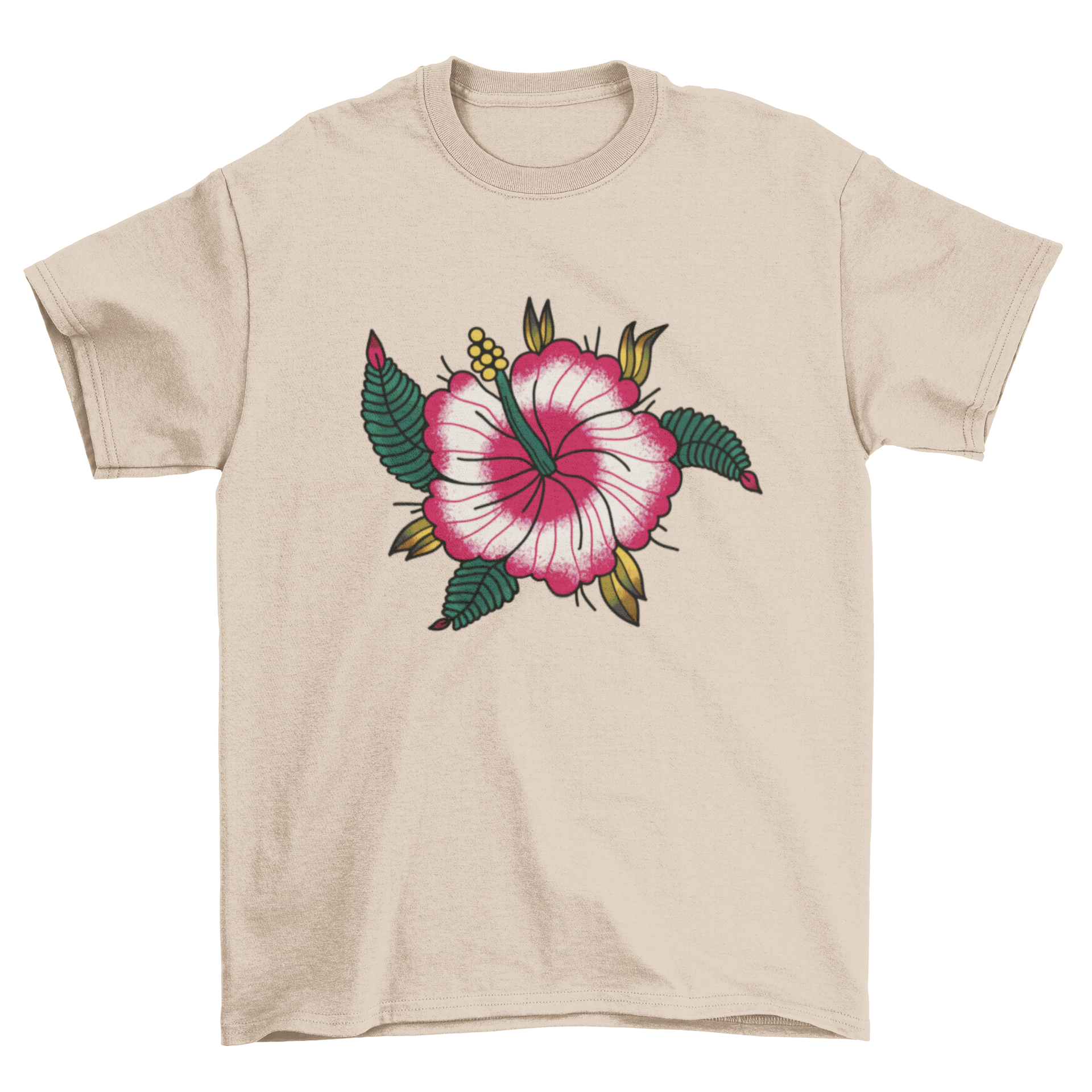 A stylish hibiscus flower t-shirt featuring a detailed tattoo-style design, perfect for casual wear.