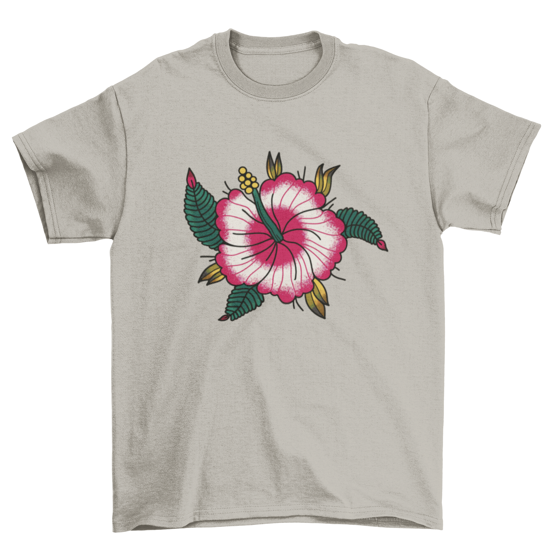 A stylish hibiscus flower t-shirt featuring a detailed tattoo-style design, perfect for casual wear.