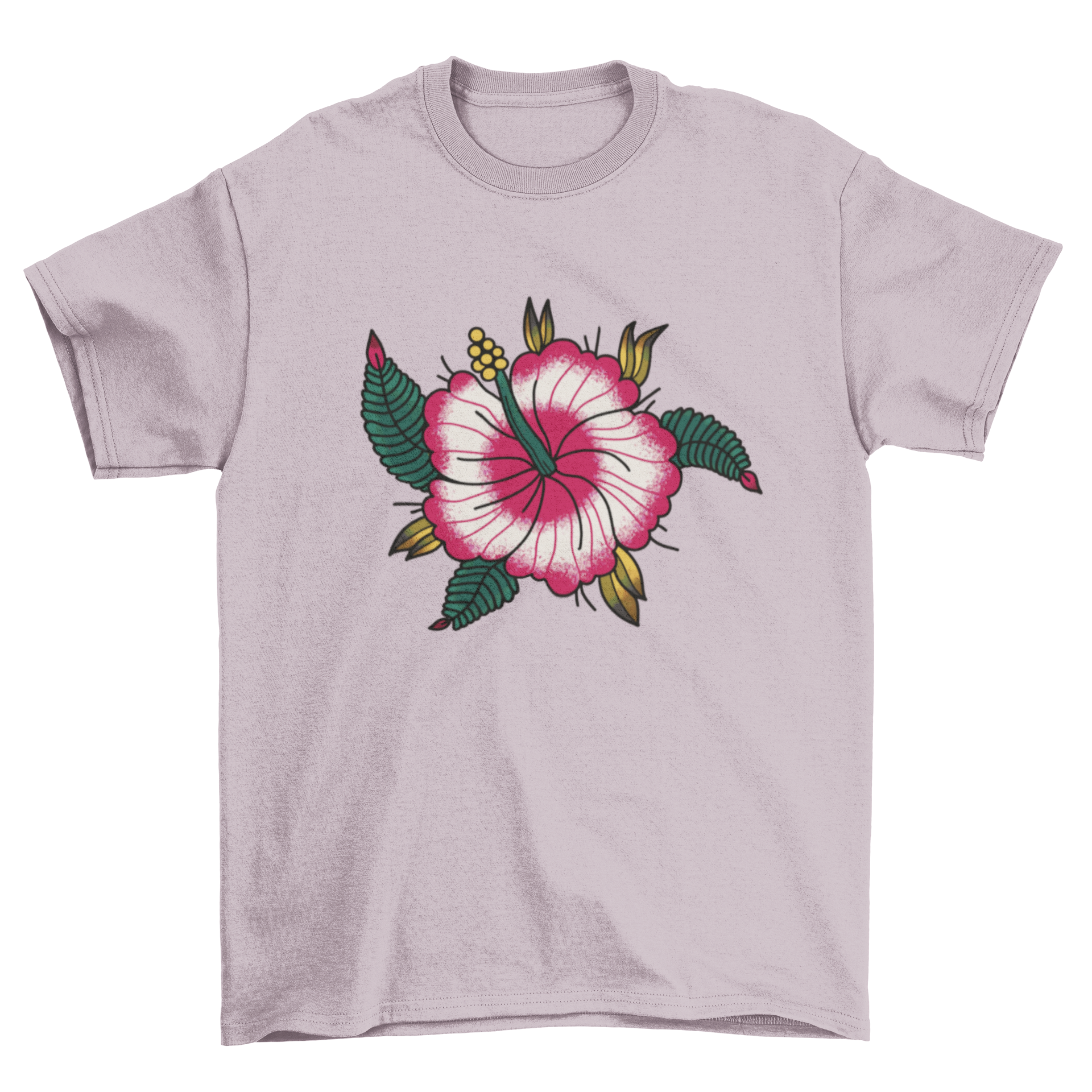 A stylish hibiscus flower t-shirt featuring a detailed tattoo-style design, perfect for casual wear.