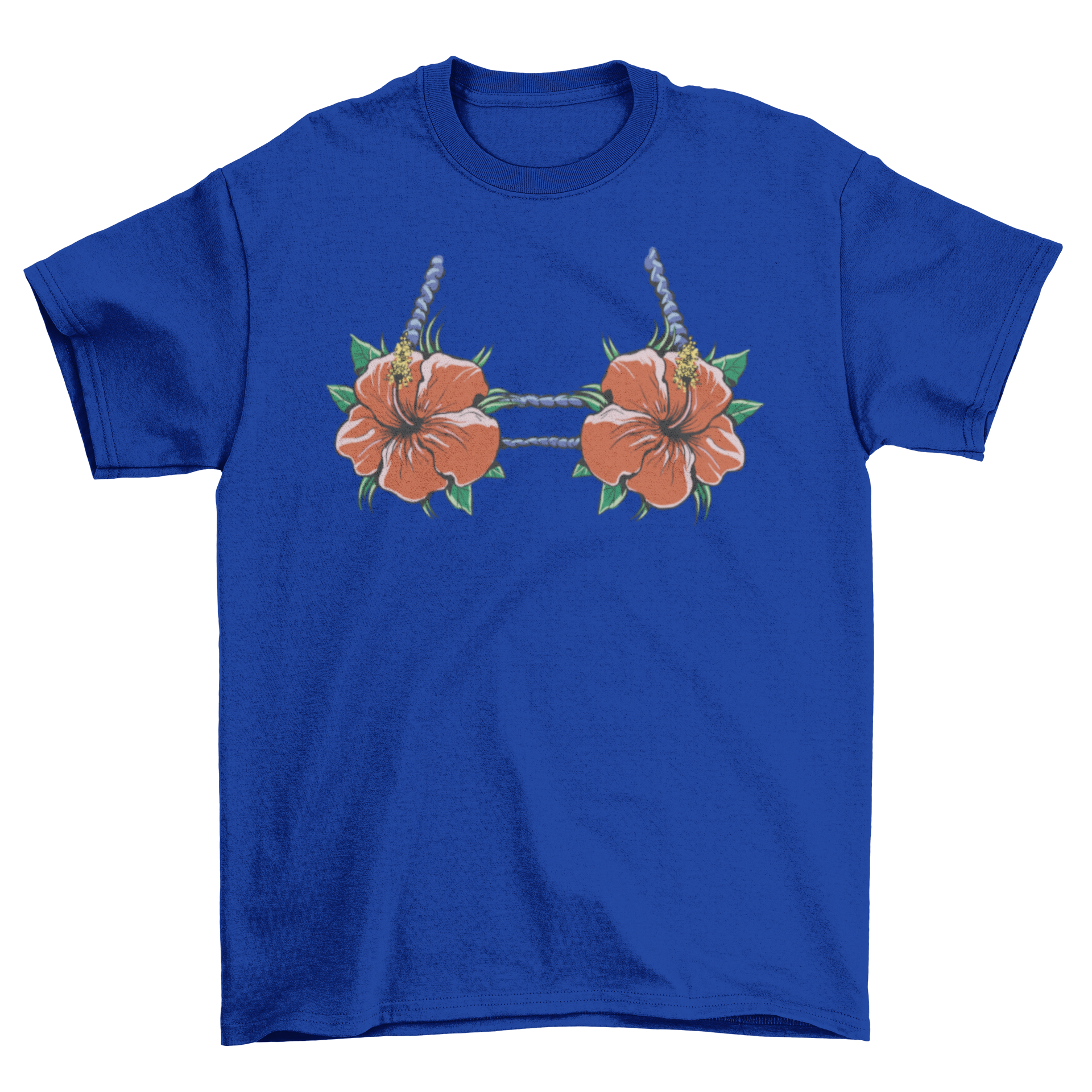 A vibrant t-shirt featuring a bikini top design made of colorful hibiscus flowers, perfect for summer wear.