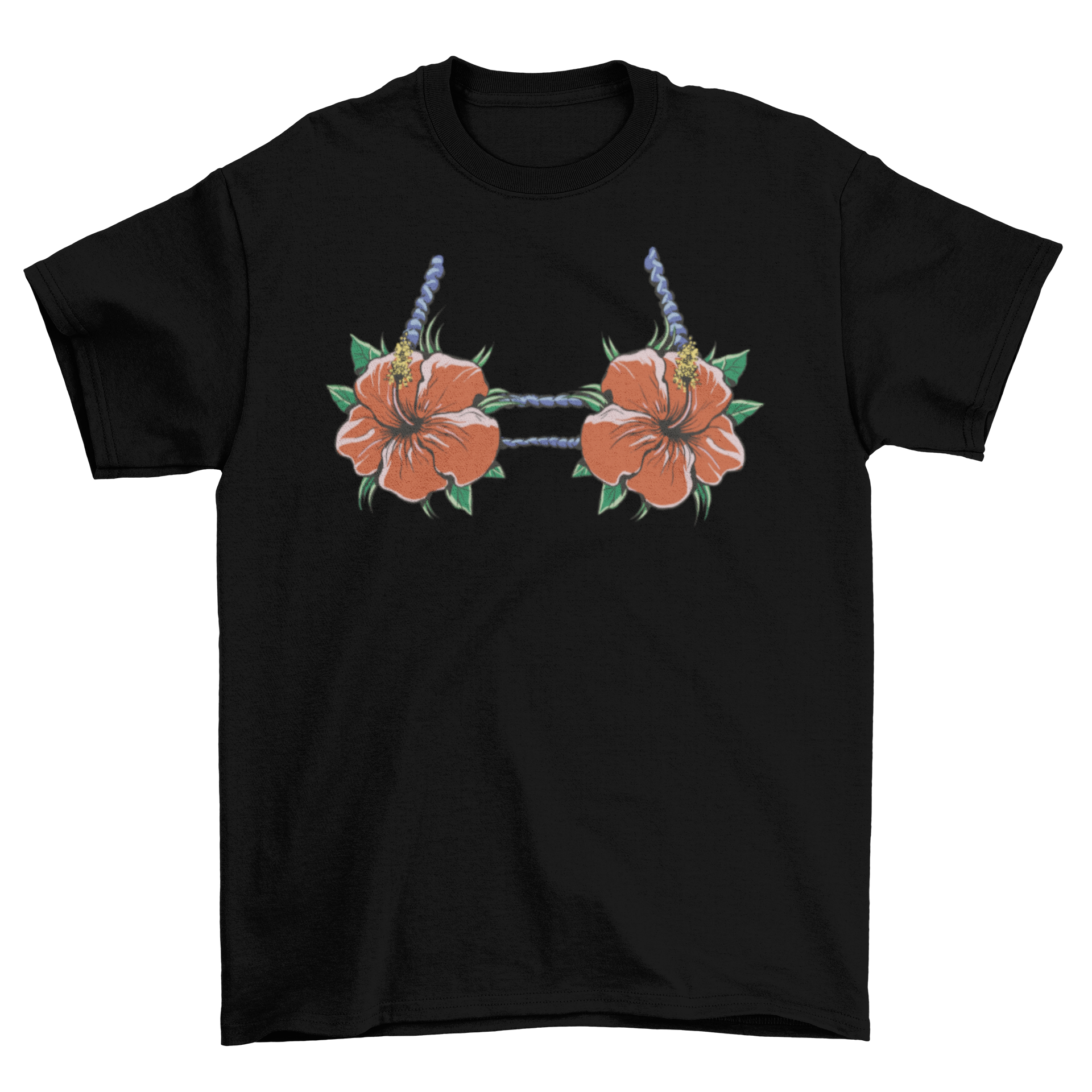 A vibrant t-shirt featuring a bikini top design made of colorful hibiscus flowers, perfect for summer wear.